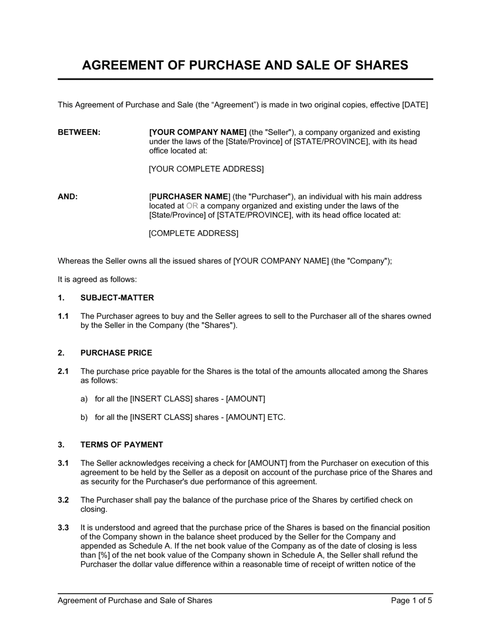 Purchase And Sale Agreement Template Free Agreement Templates