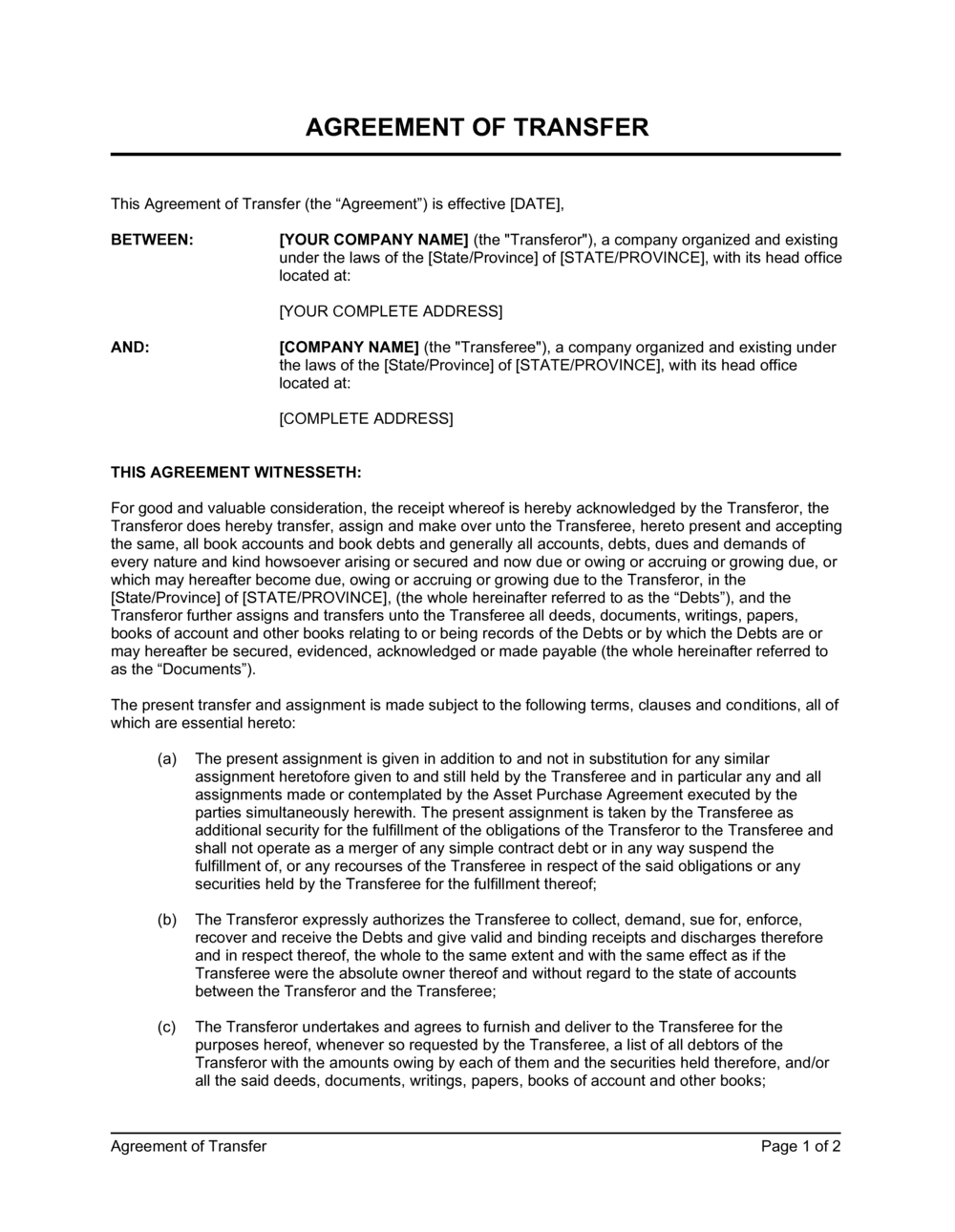 Agreement of Transfer Template  by Business-in-a-Box™ Intended For Free Business Transfer Agreement Template