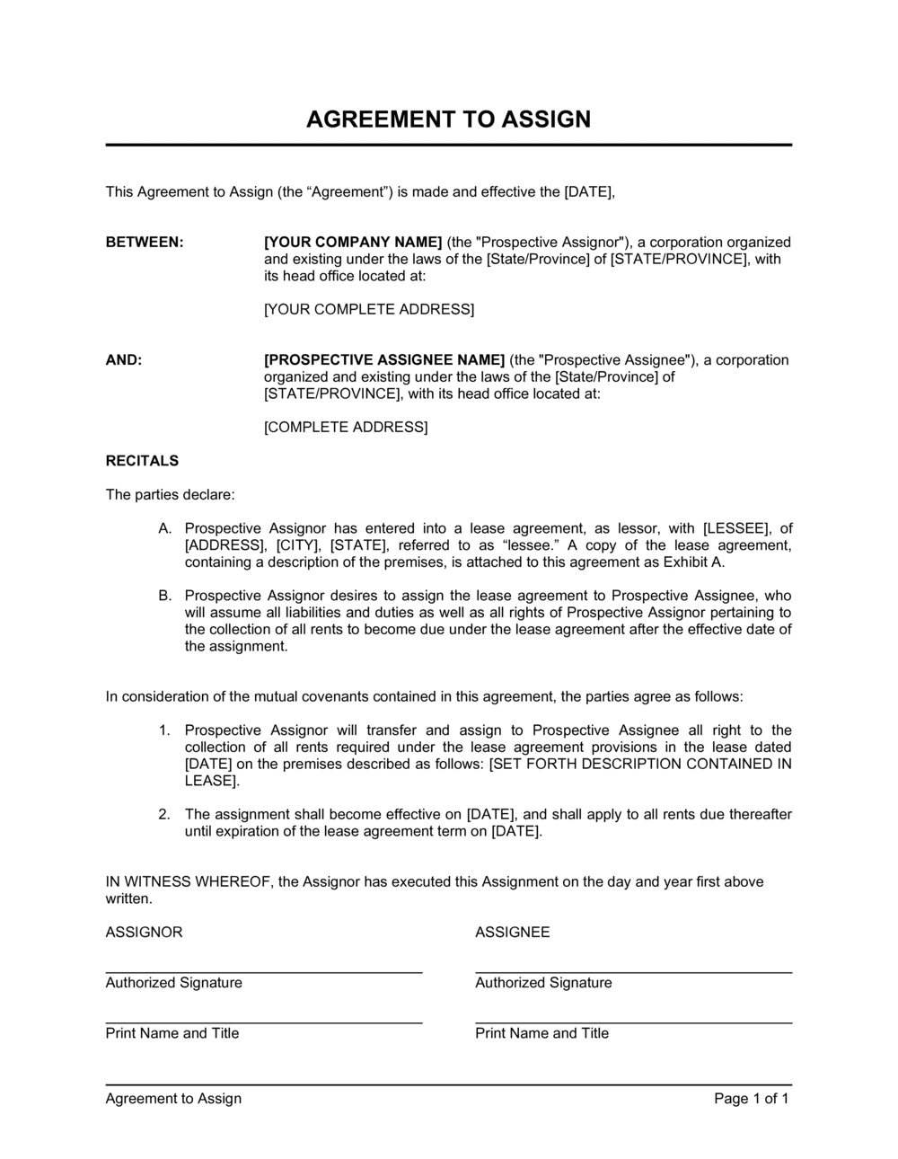 Agreement to Assign Template  by Business-in-a-Box™ In contract assignment agreement template