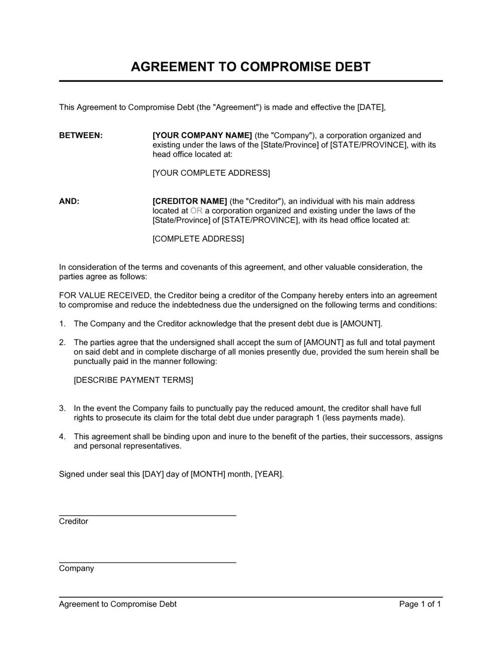 Agreement to Compromise Debt Template  by Business-in-a-Box™ With Settlement Agreement Letter Template