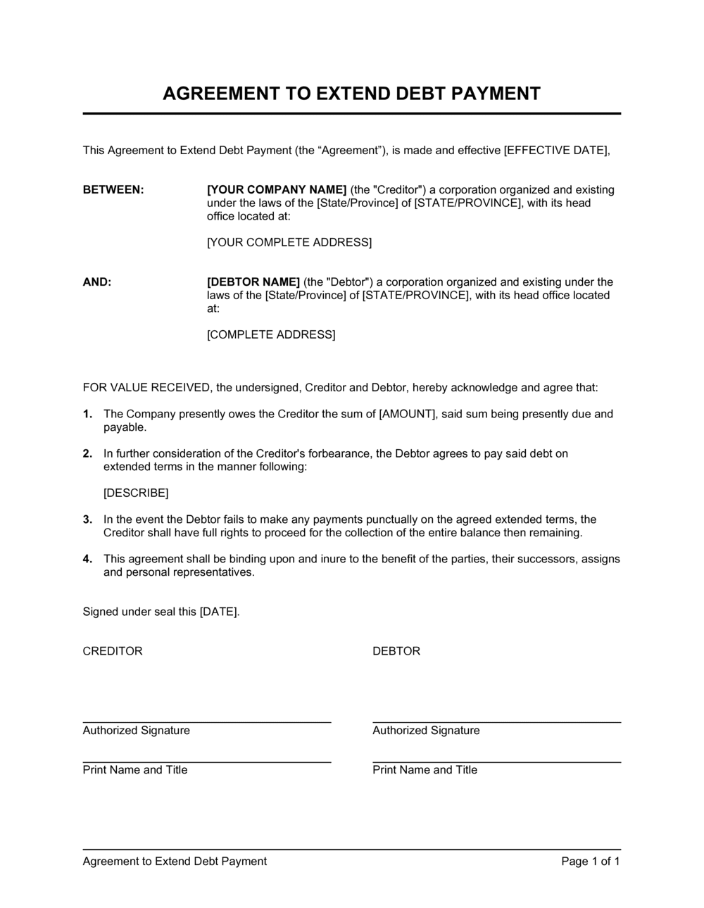 Agreement to Extend Debt Payment Template  by Business-in-a-Box™ Intended For installment payment agreement template free