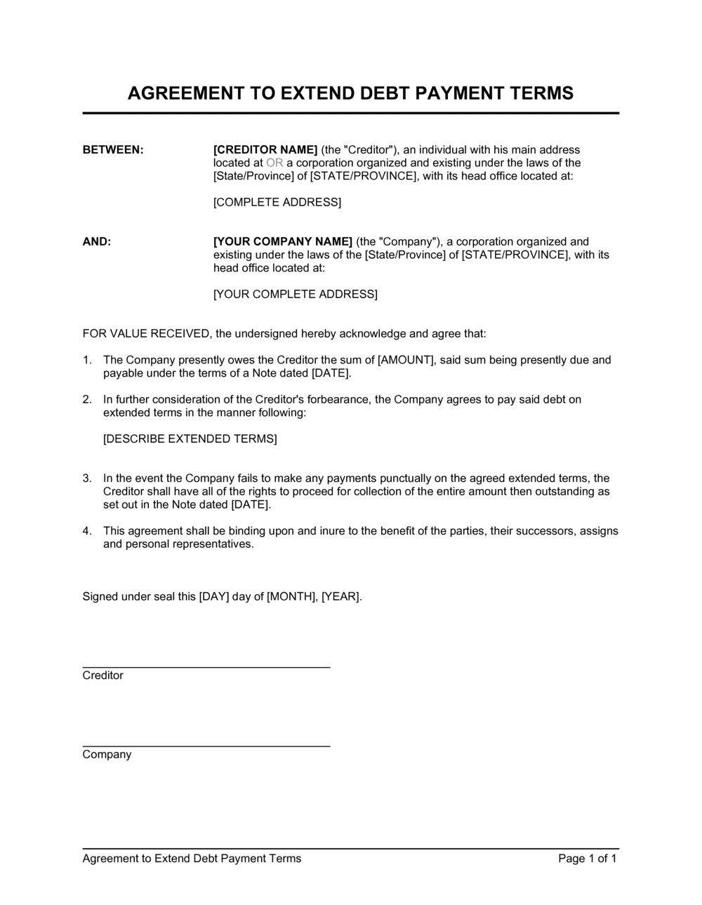 Agreement to Extend Debt Payment Terms Template  by Business-in-a Intended For payment terms agreement template