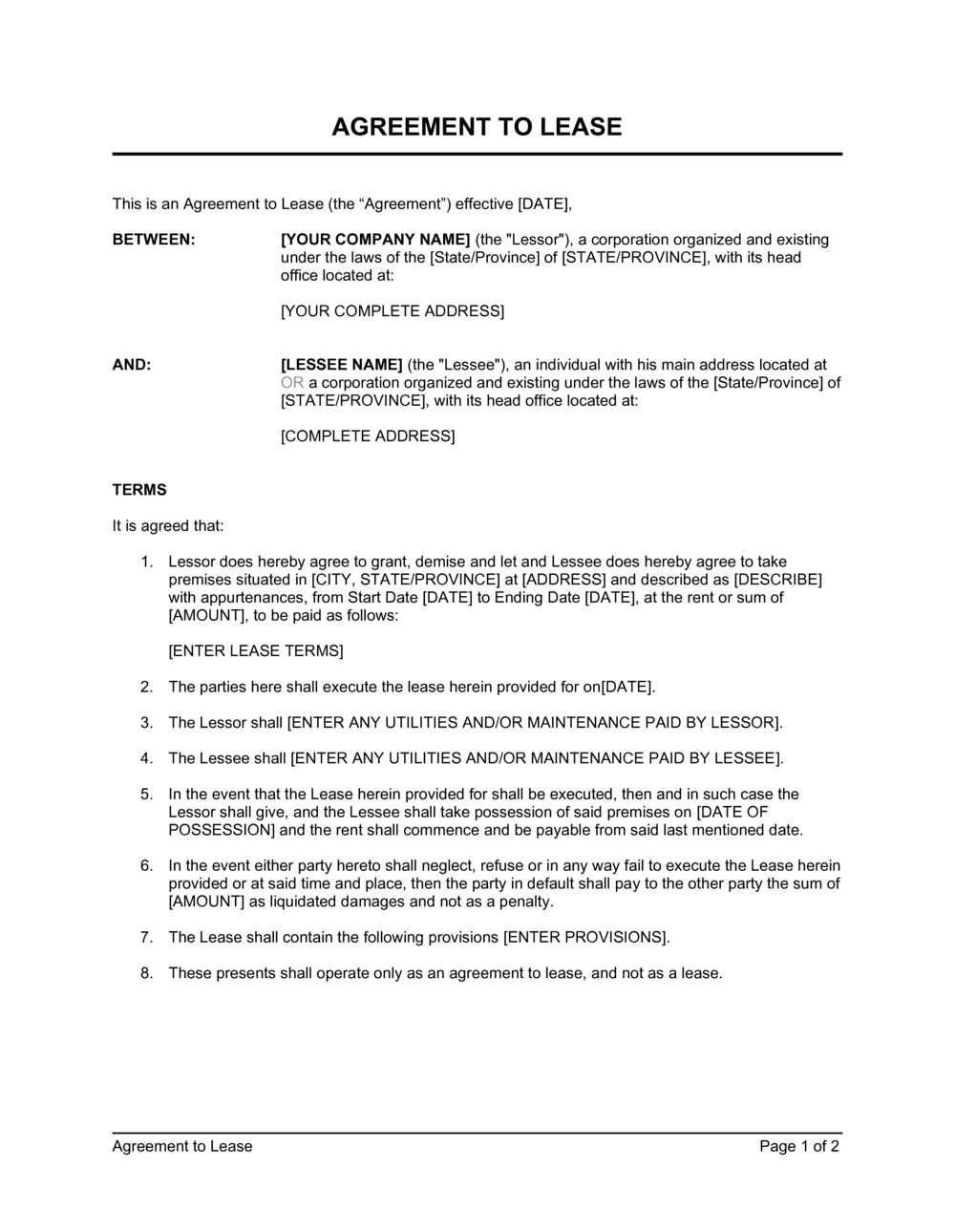 Agreement to Lease Template  by Business-in-a-Box™ Intended For Business Lease Proposal Template
