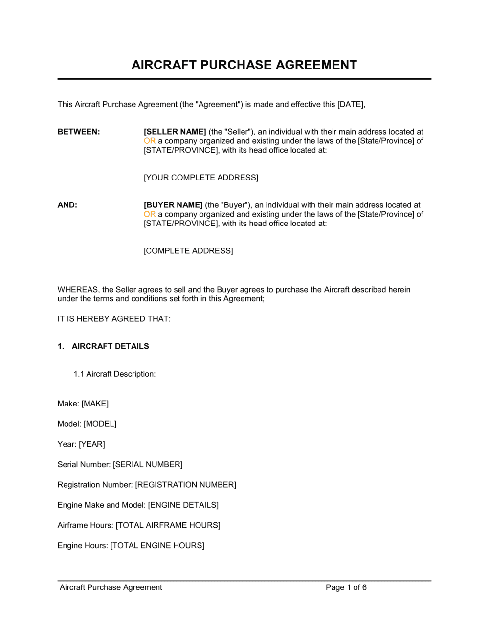 Business-in-a-Box's Aircraft Purchase Agreement Template