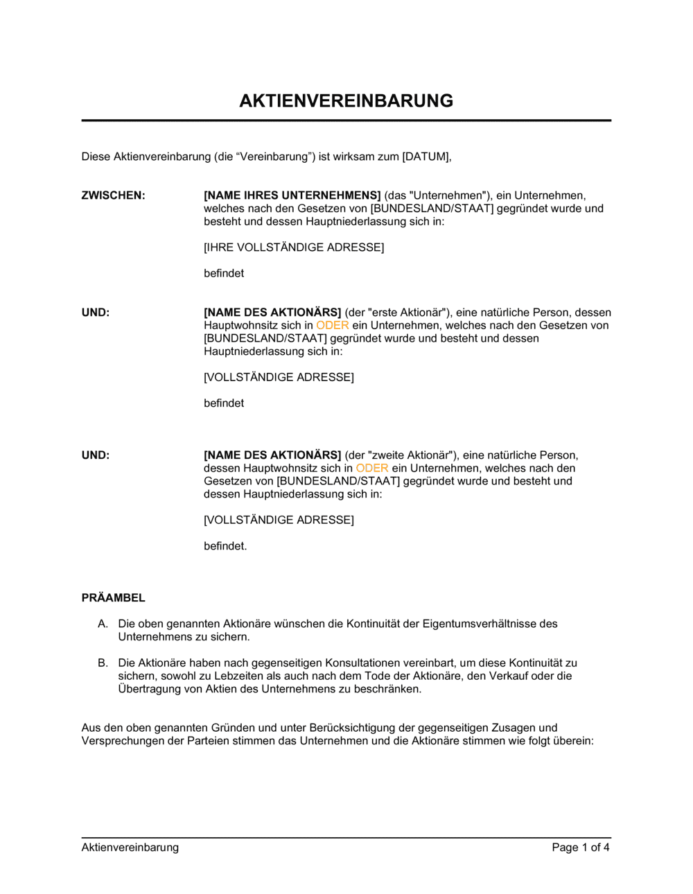 Business-in-a-Box's Aktienvereinbarung