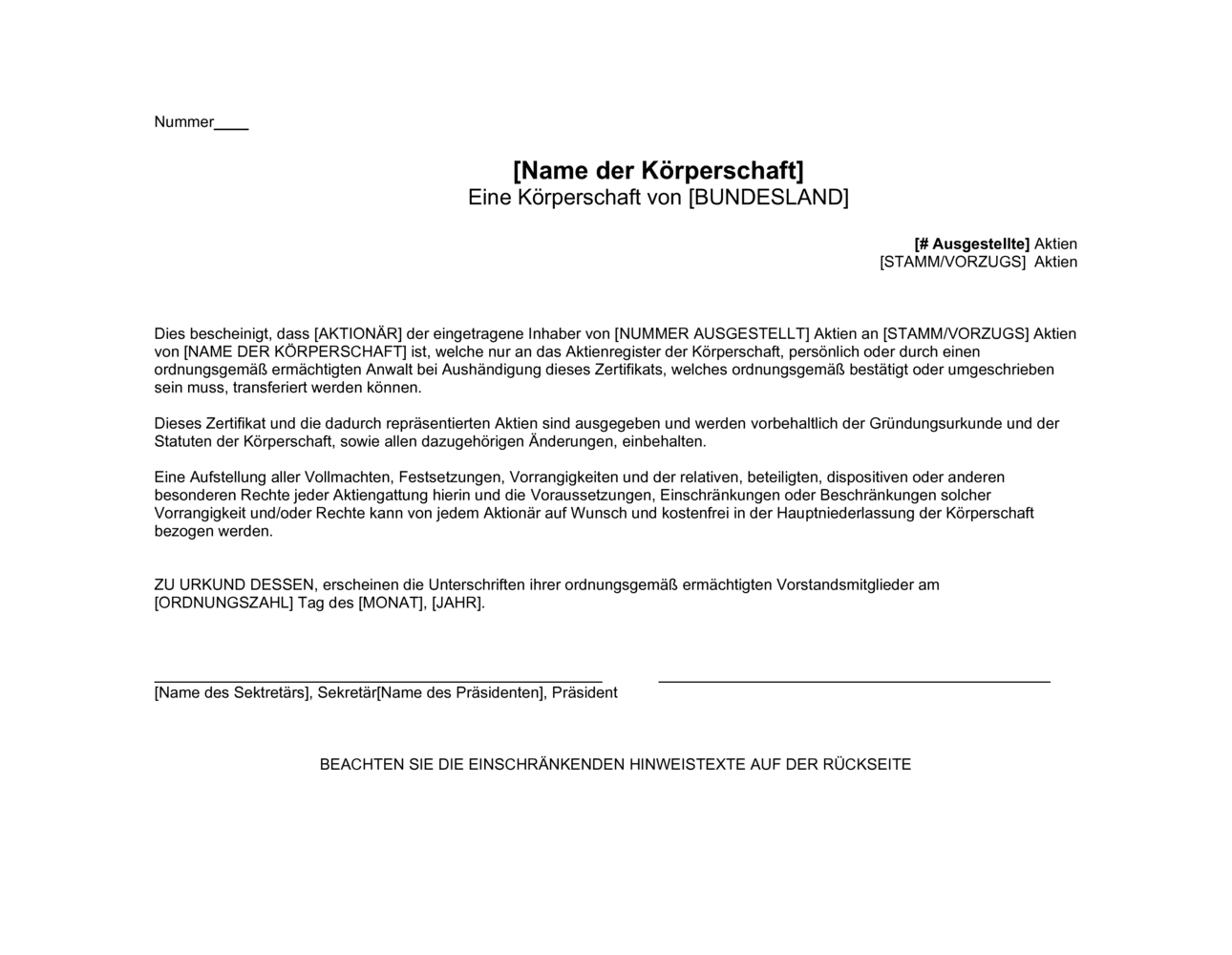 Business-in-a-Box's Aktienzertifikat und Stammaktie