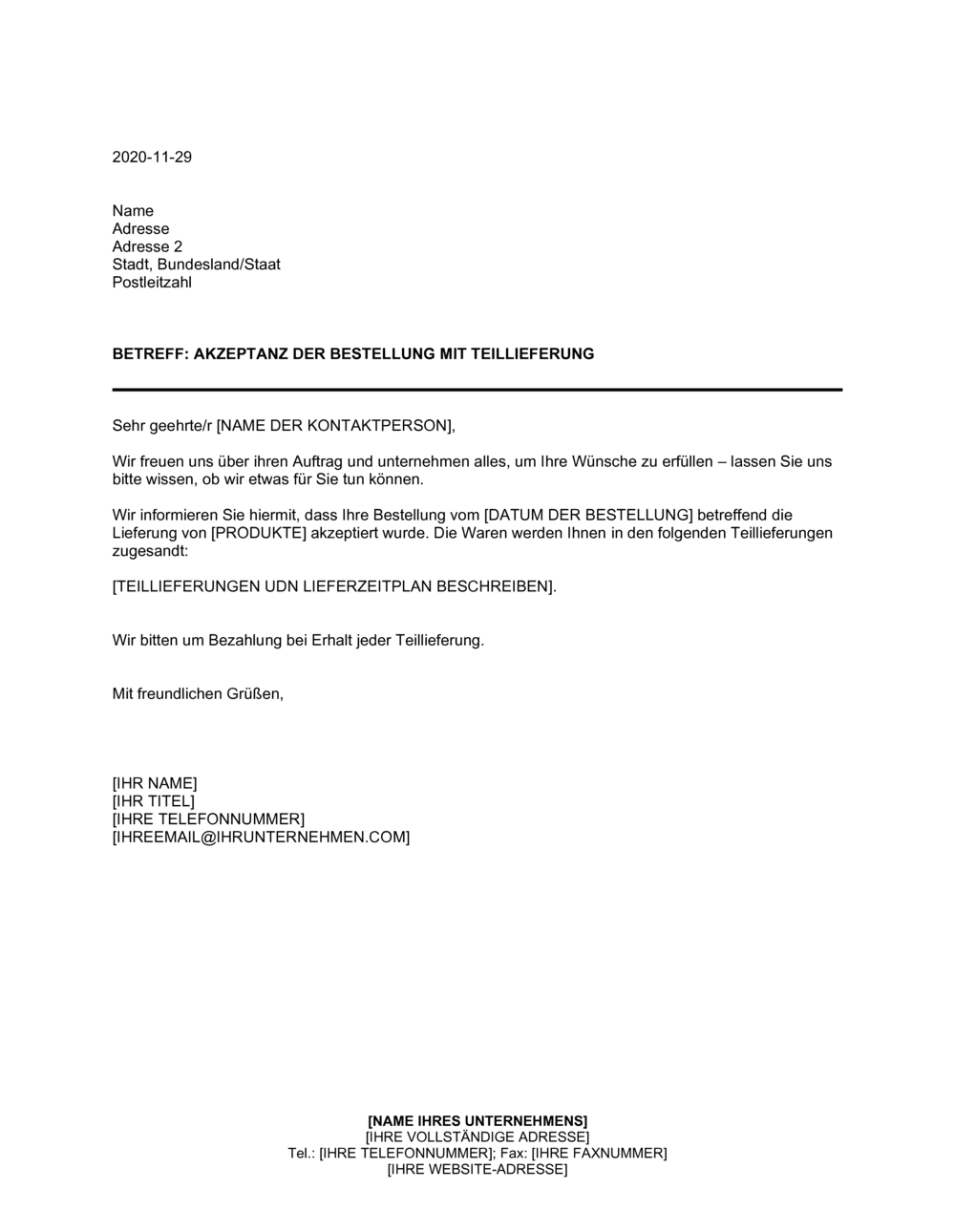 Business-in-a-Box's Akzeptanz der Bestellung mit Teillieferung