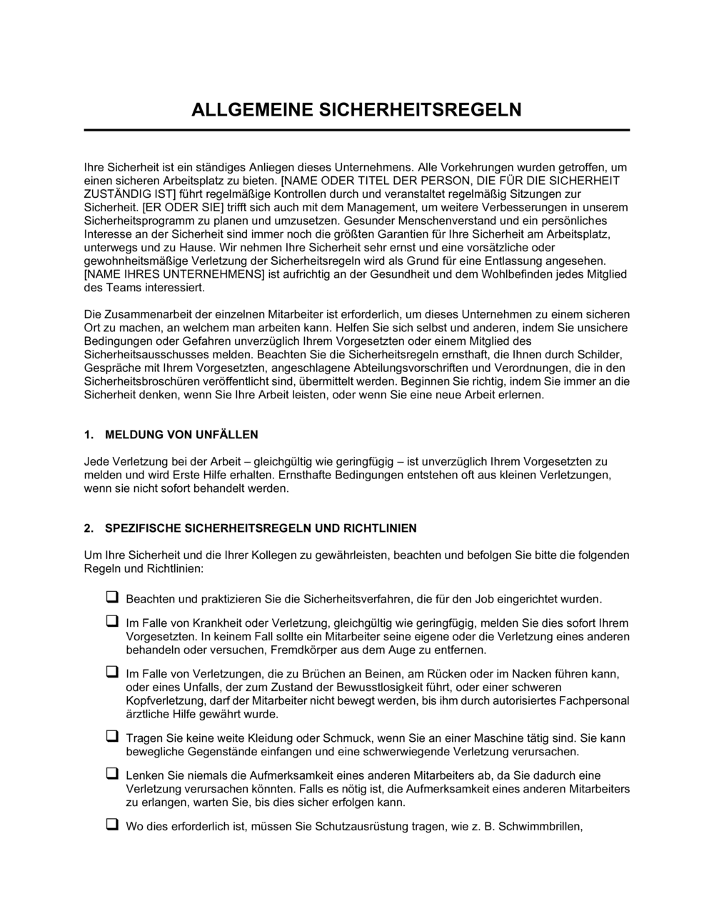 Business-in-a-Box's Allgemeine Sicherheitsregeln