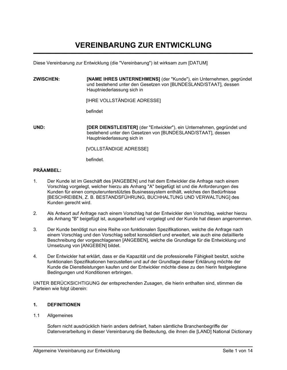 Business-in-a-Box's Allgemeine Vereinbarung zur Entwicklung