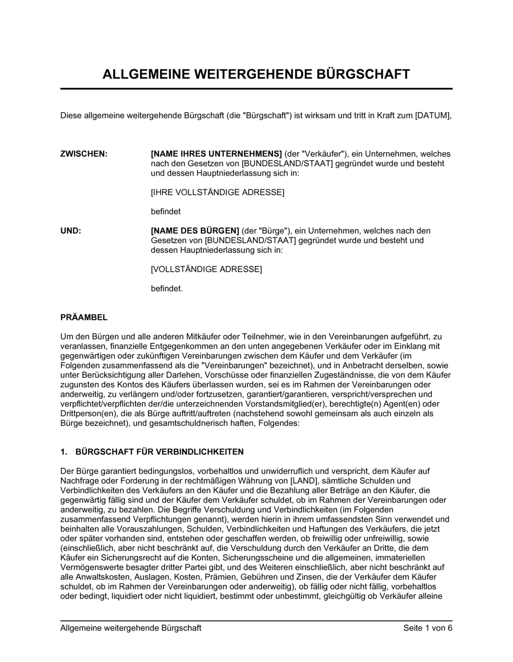 Business-in-a-Box's Allgemeine weitergehende Bürgschaft