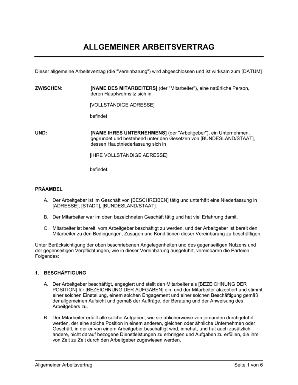 Business-in-a-Box's Allgemeiner Arbeitsvertrag