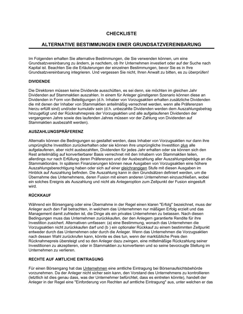 Business-in-a-Box's Alternative Bestimmungen einer Grundsatzvereinbarung