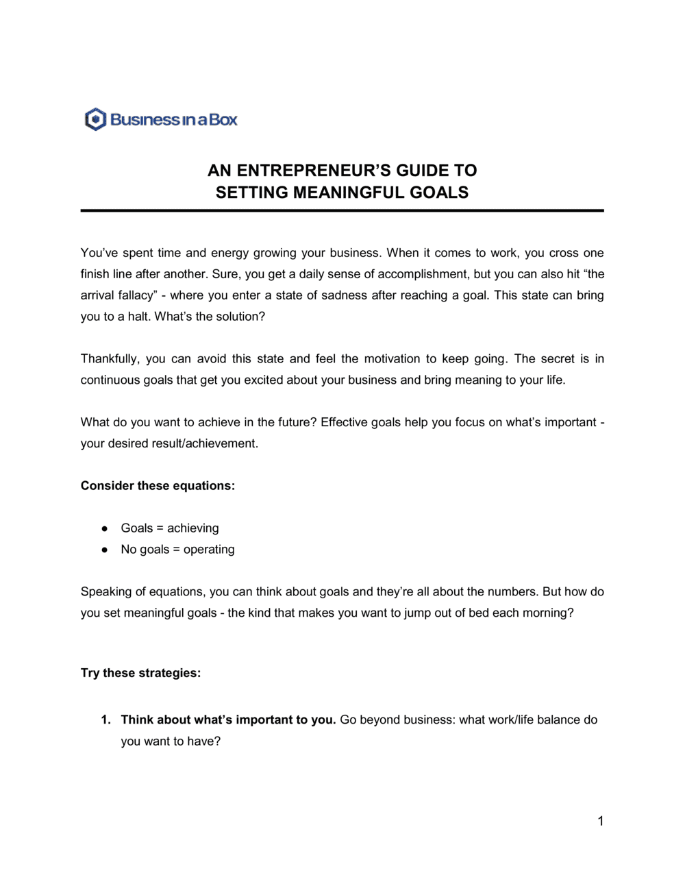 Business-in-a-Box's An Entrepreneurs Guide To Setting Meaningful Goals Template
