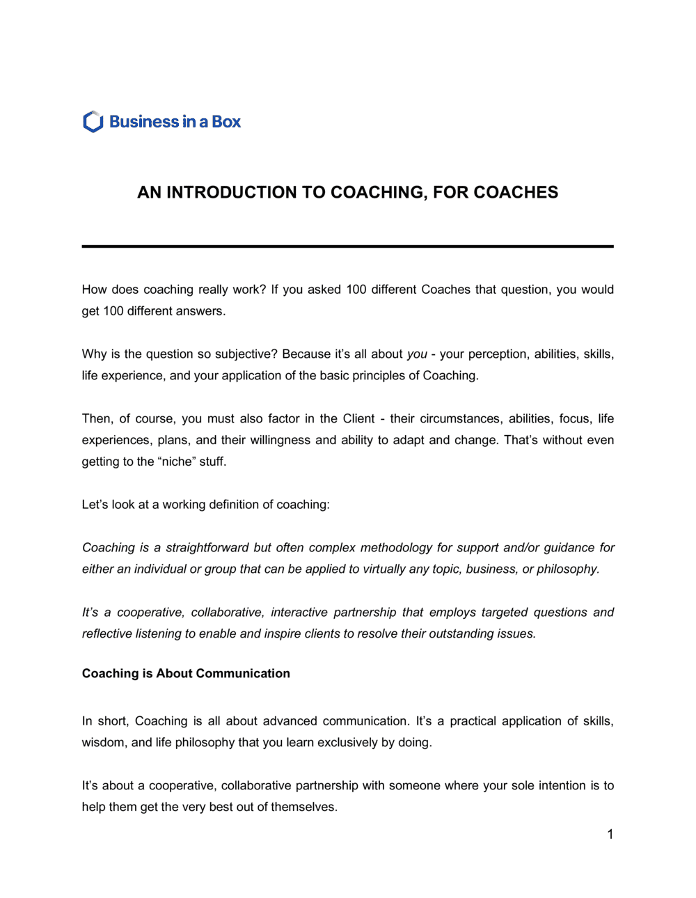 Business-in-a-Box's An Introduction To Coaching For Coaches Template