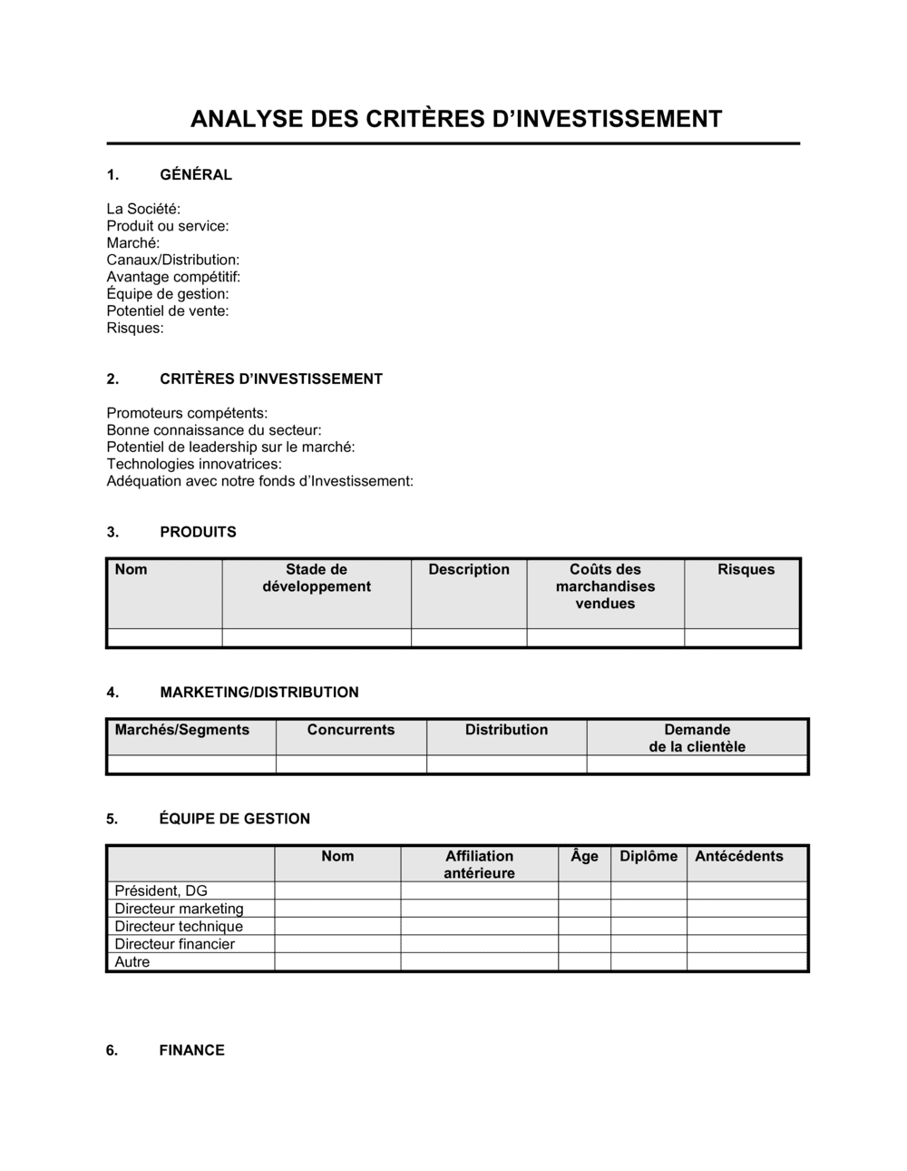 Business-in-a-Box's Analyse des critères d'investissement