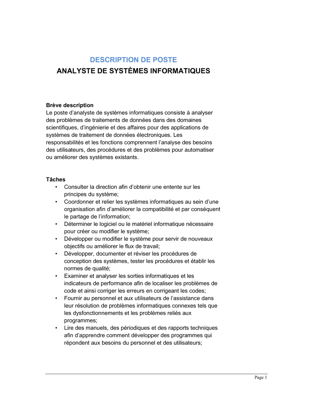 Business-in-a-Box's Analyste en systèmes informatiques Description de poste