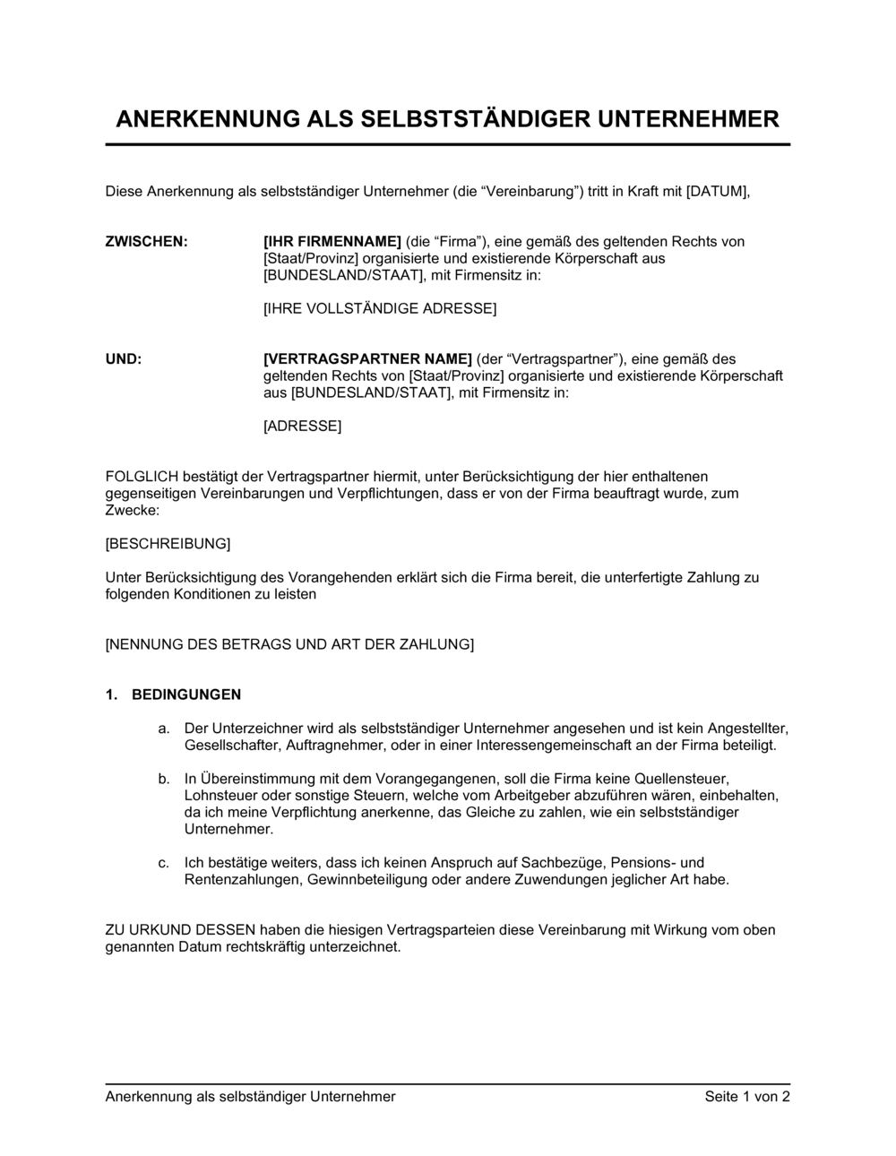 Business-in-a-Box's Anerkennung als selbständiger Unternehmer