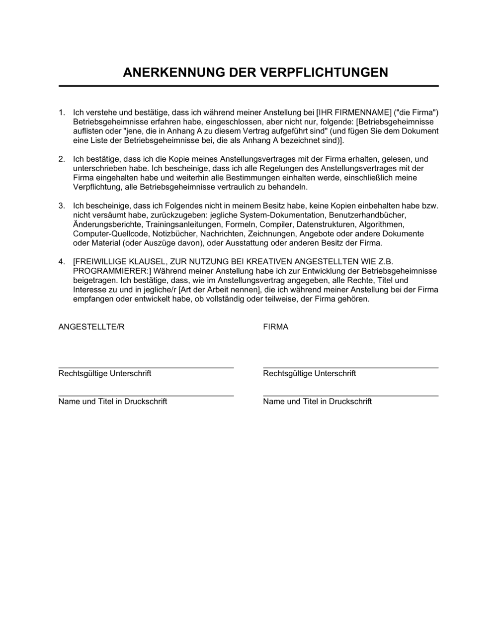 Business-in-a-Box's Anerkennung der Verpflichtungen