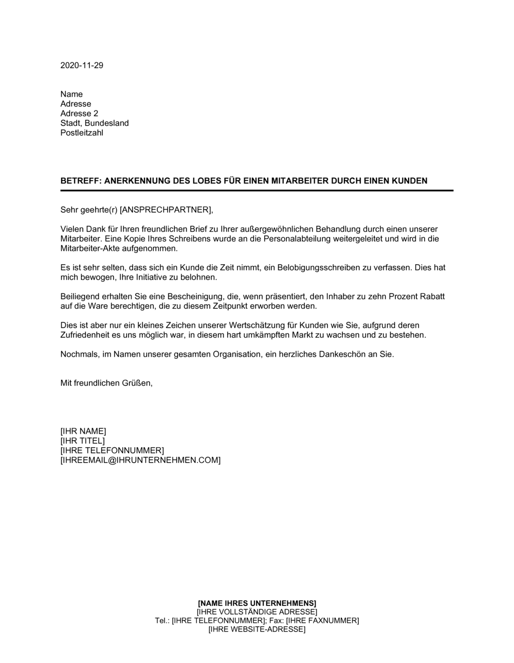 Business-in-a-Box's Anerkennung des Lobes eines Mitarbeiters durch einen Kunden