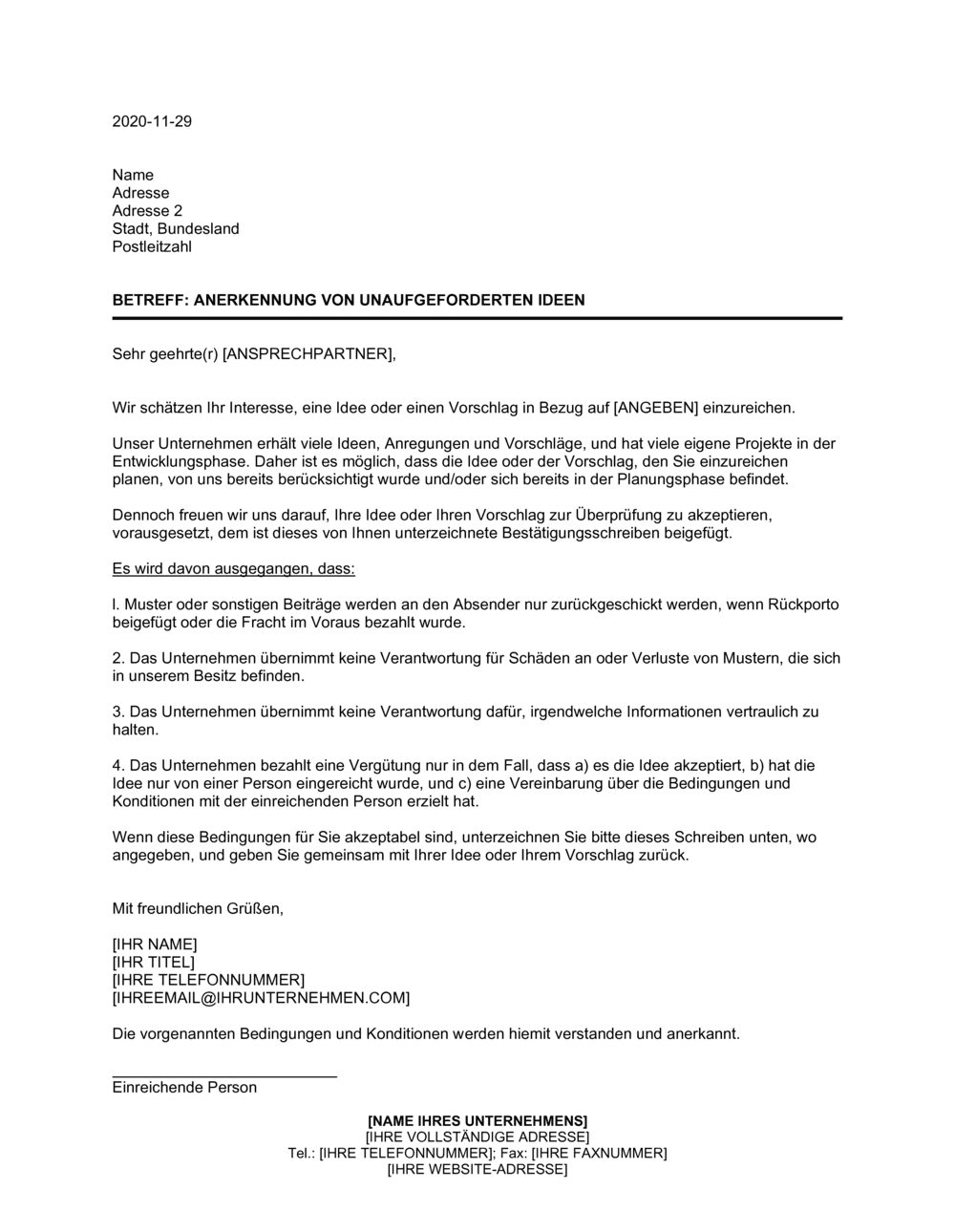 Business-in-a-Box's Anerkennung von unaufgeforderten Ideen