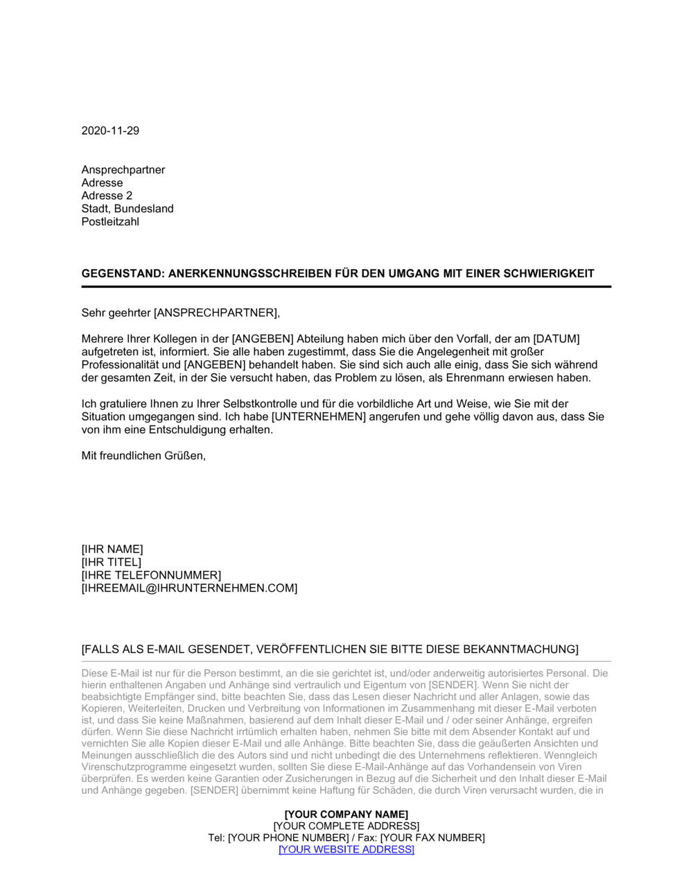 Business-in-a-Box's Anerkennungsschreiben für den Umgang mit einer Schwierigkeit