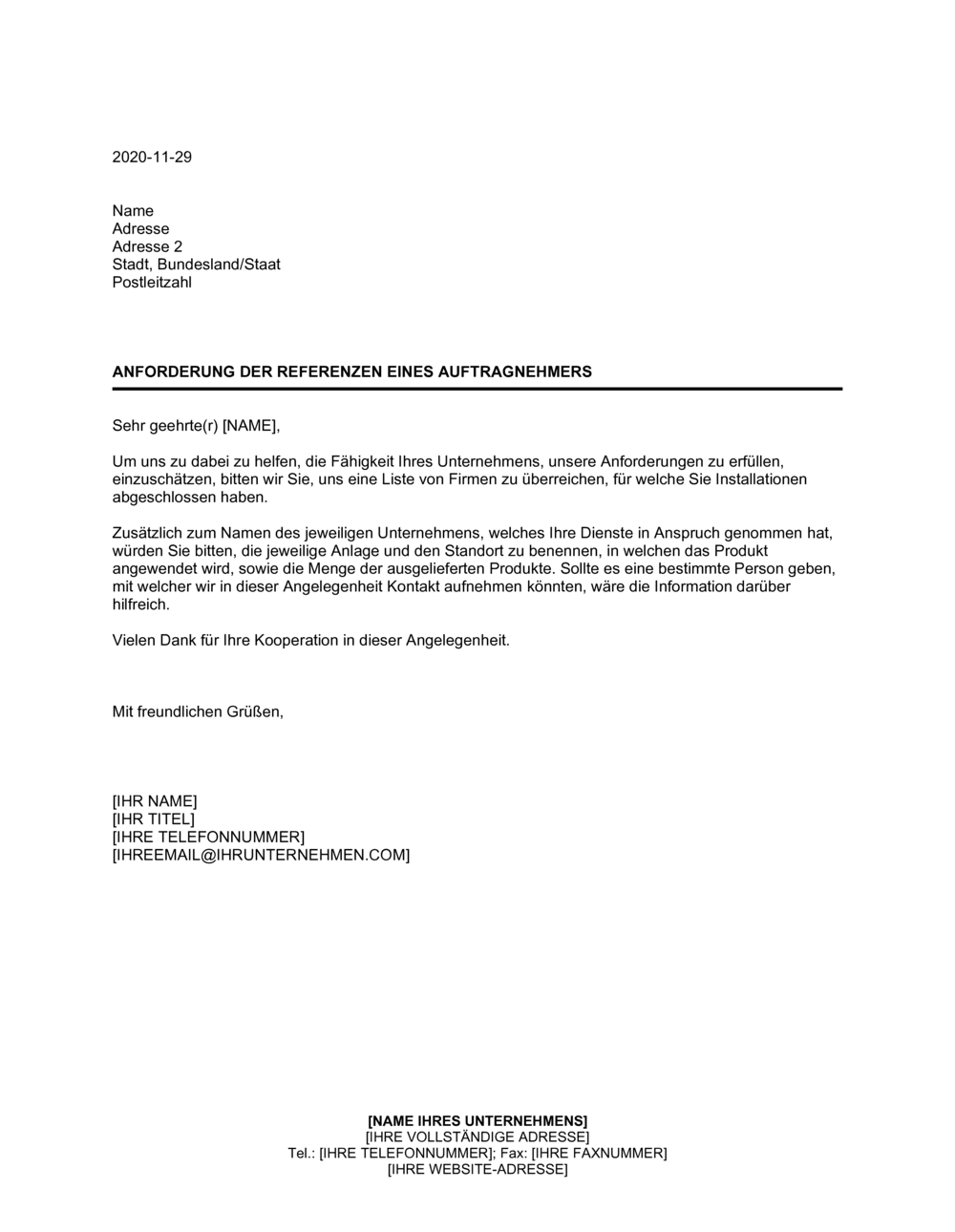 Business-in-a-Box's Anforderung der Referenzen eines Auftragnehmers