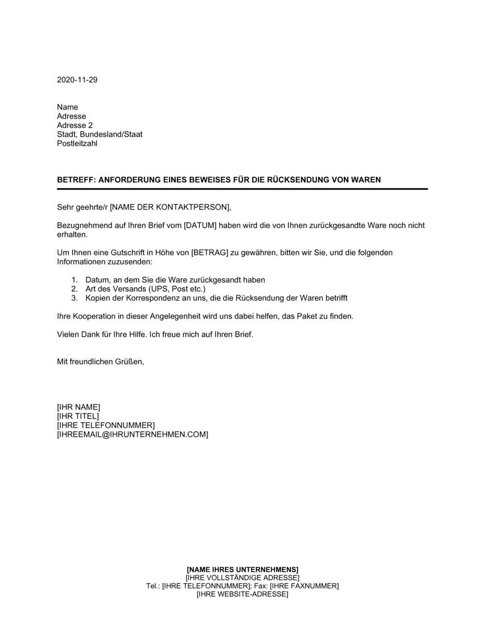 Business-in-a-Box's Anforderung eines Beweises für die Rücksendung von Waren