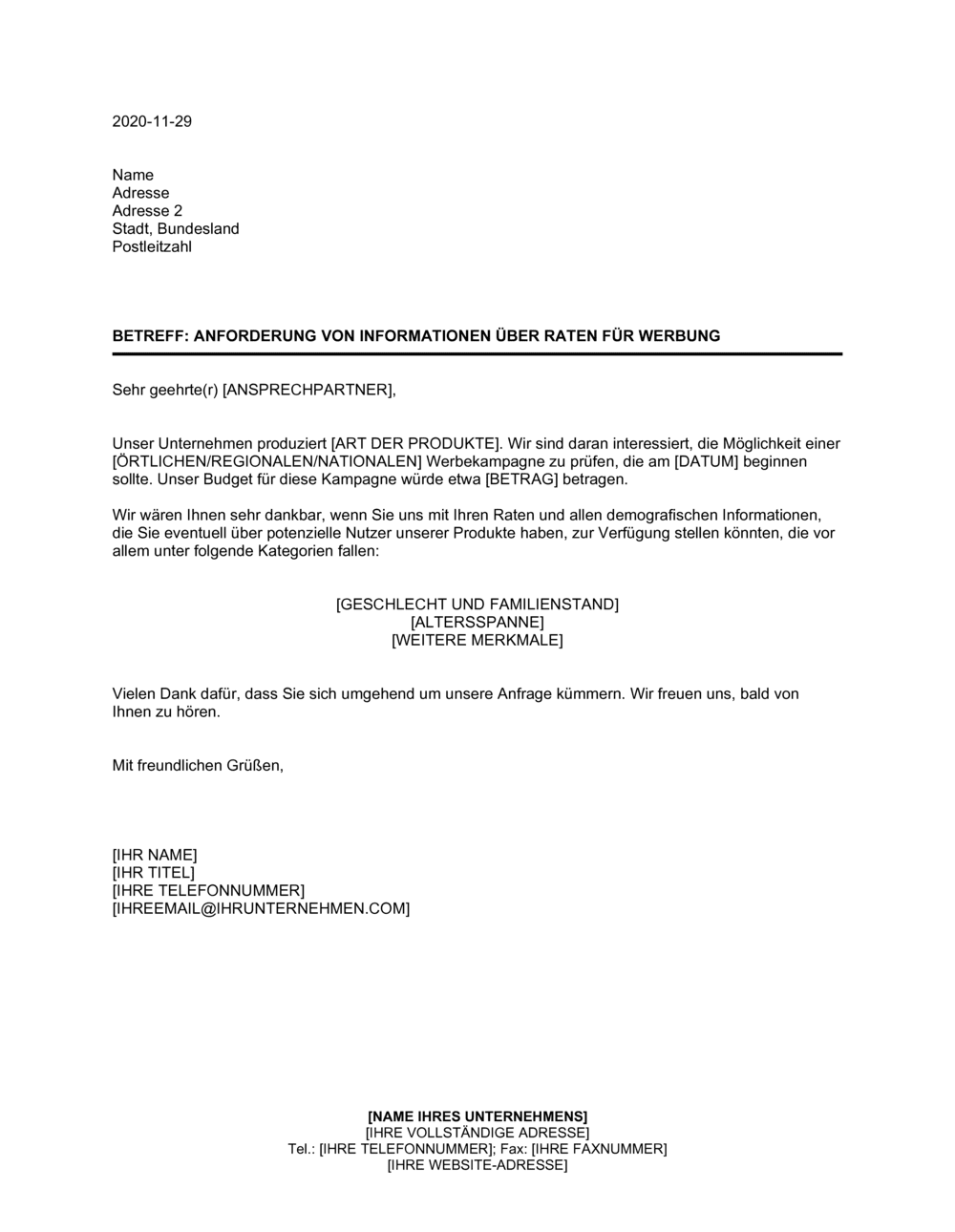 Business-in-a-Box's Anforderung von Informationen über Raten für Werbung