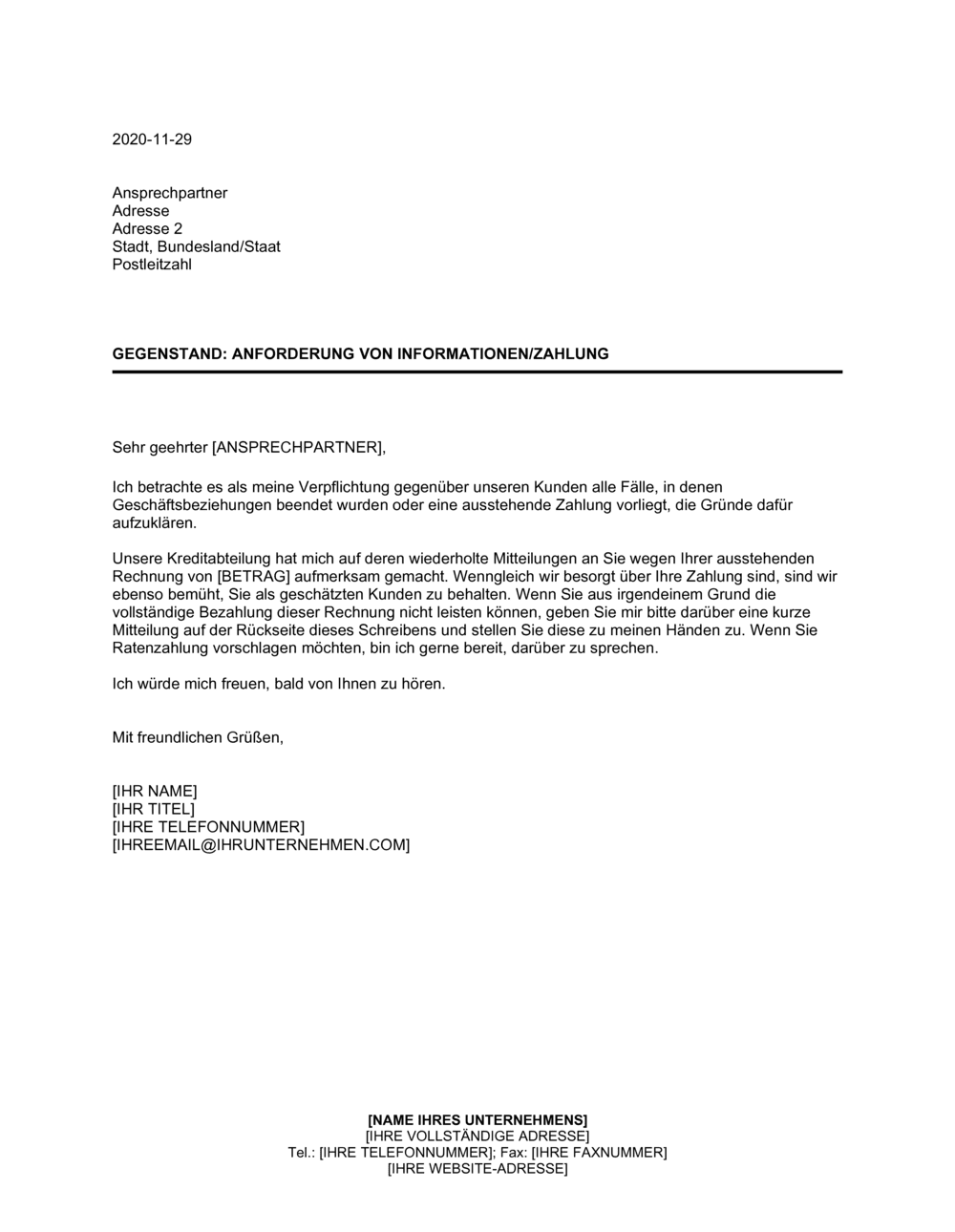 Business-in-a-Box's Anforderung von Informationen Zahlung