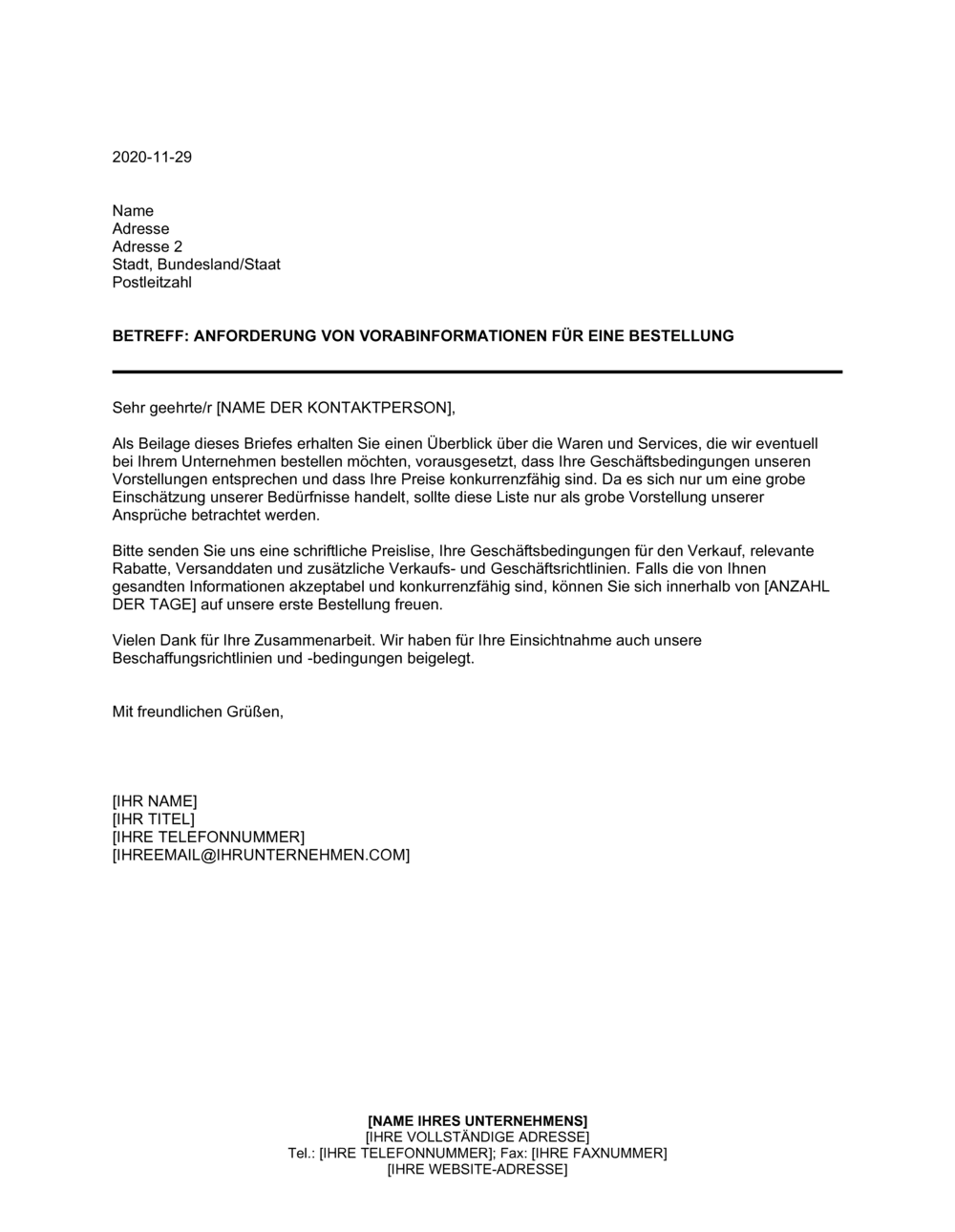 Business-in-a-Box's Anforderung von Vorabinformation über eine Bestellung