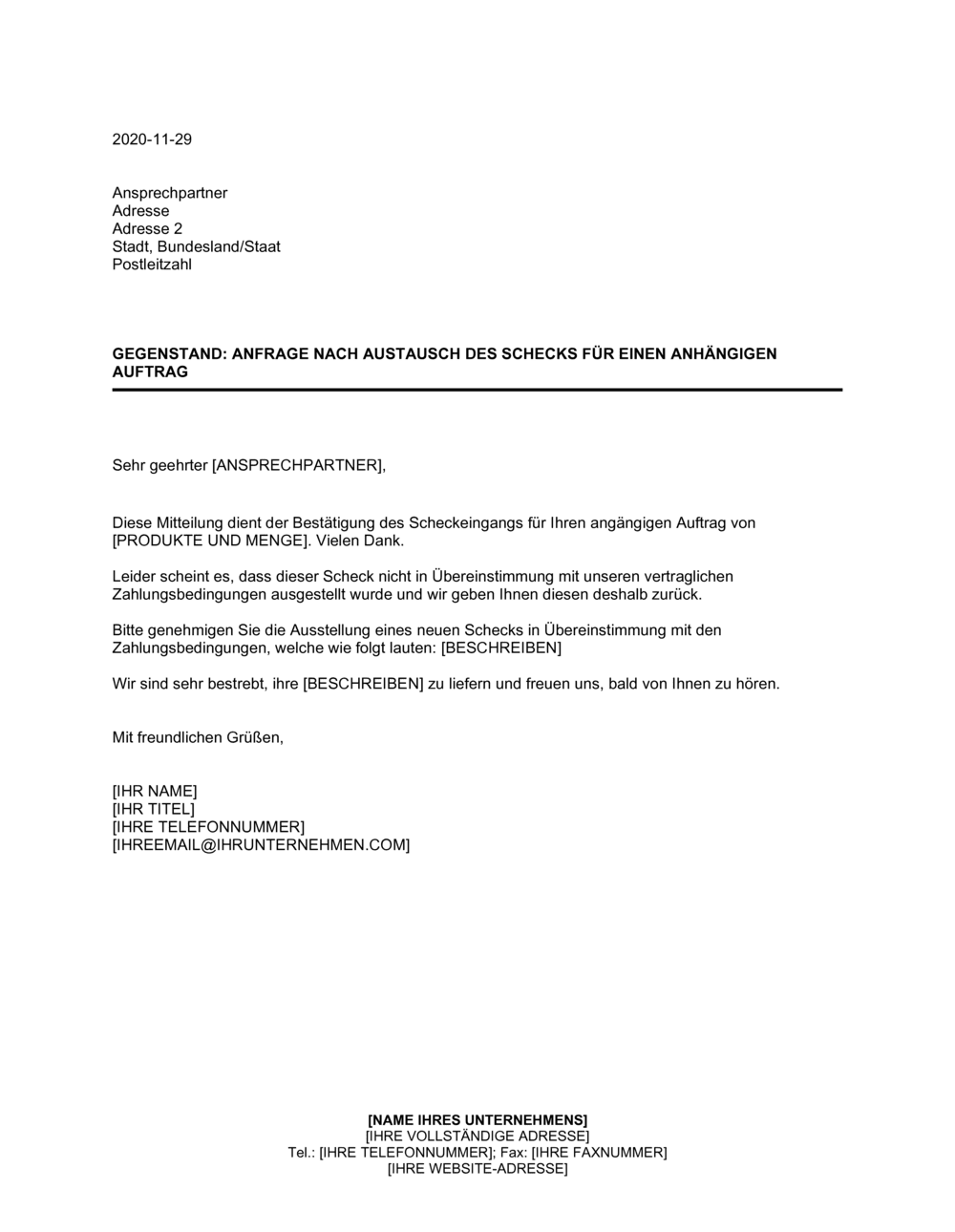Business-in-a-Box's Anfrage nach Austausch des Schecks für einen anhängigen Auftrag