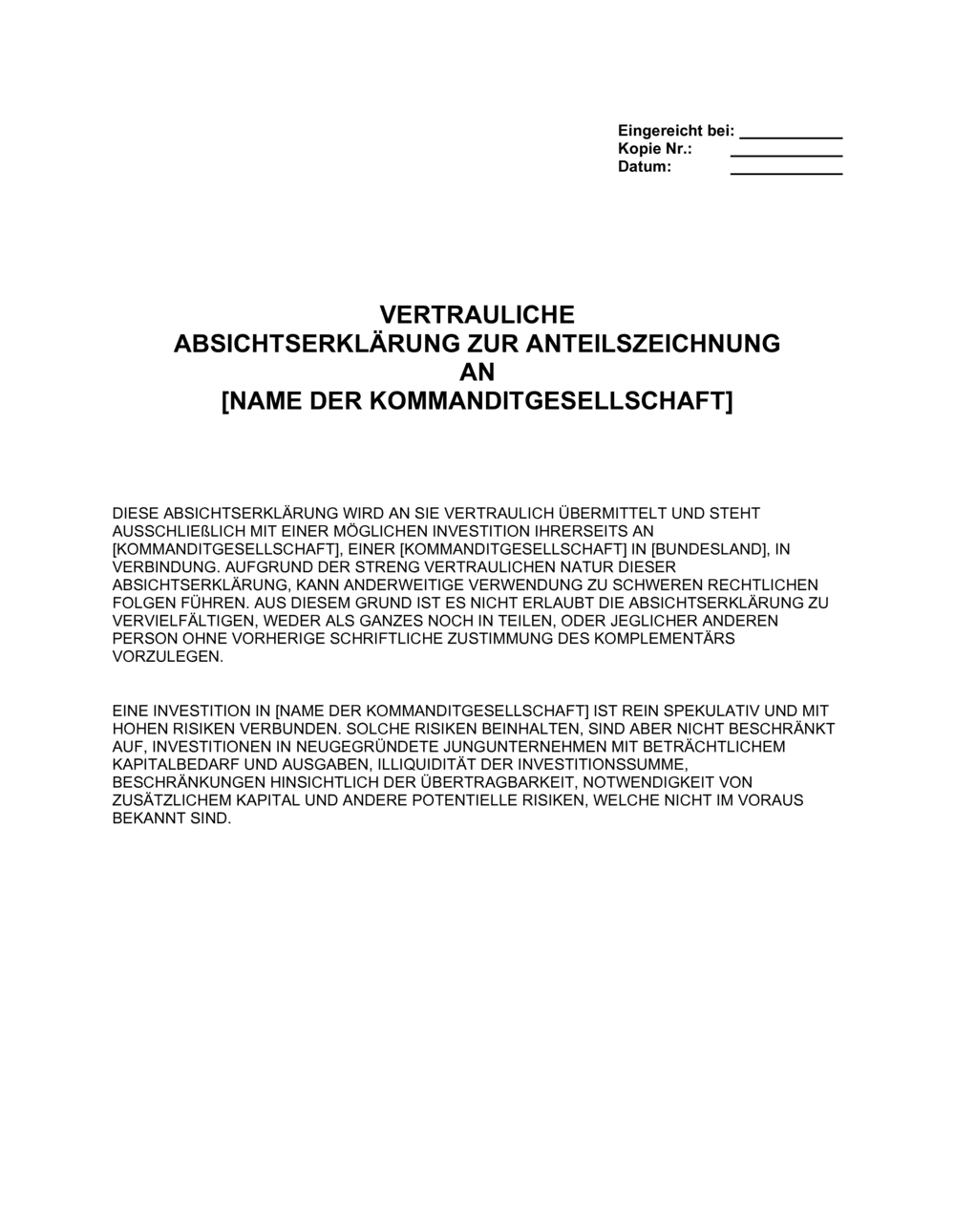 Business-in-a-Box's Angebotsabsichtserklärung Kommanditgesellschaft