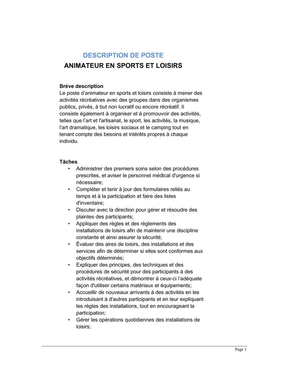 Business-in-a-Box's Animateur en sports et loisirs Description de poste