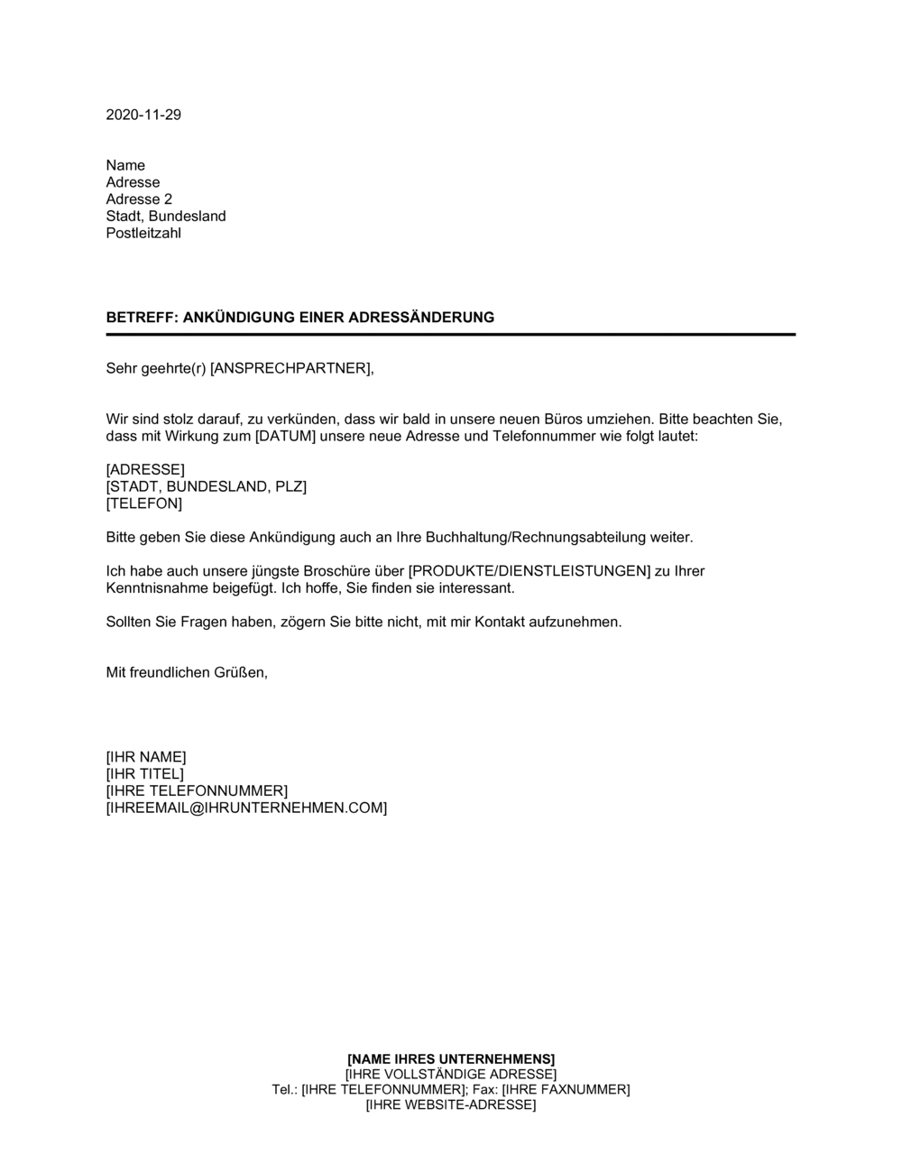 Business-in-a-Box's Ankündigung einer Adressänderung