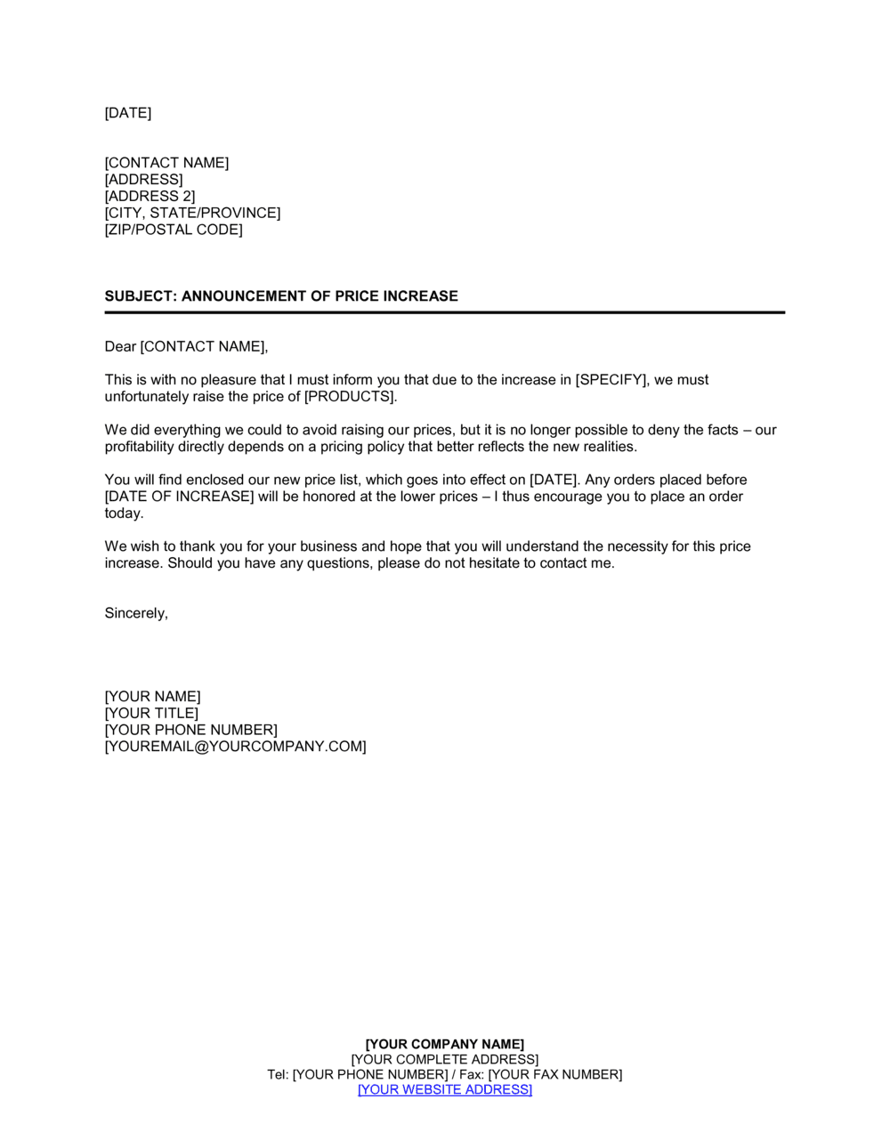 short sample letter to inform customers of price increase