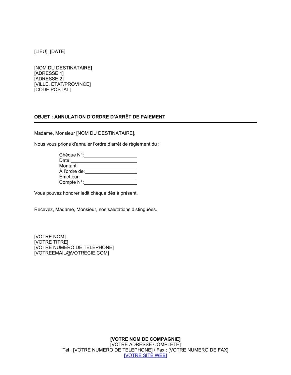 Business-in-a-Box's Annulation d'ordre d'arrêt de paiement