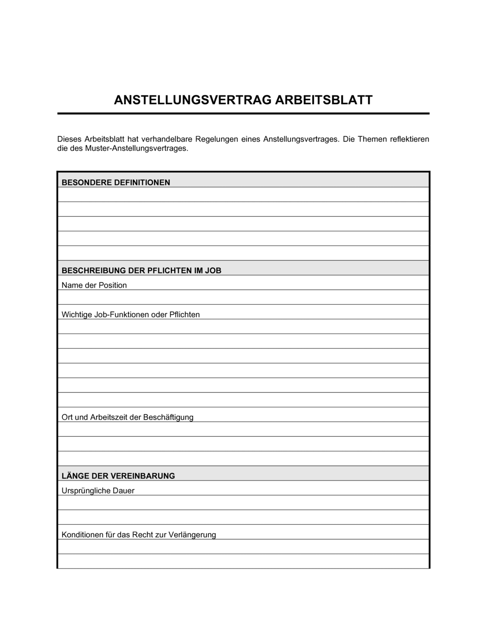 Business-in-a-Box's Anstellungsvertrag Arbeitsblatt