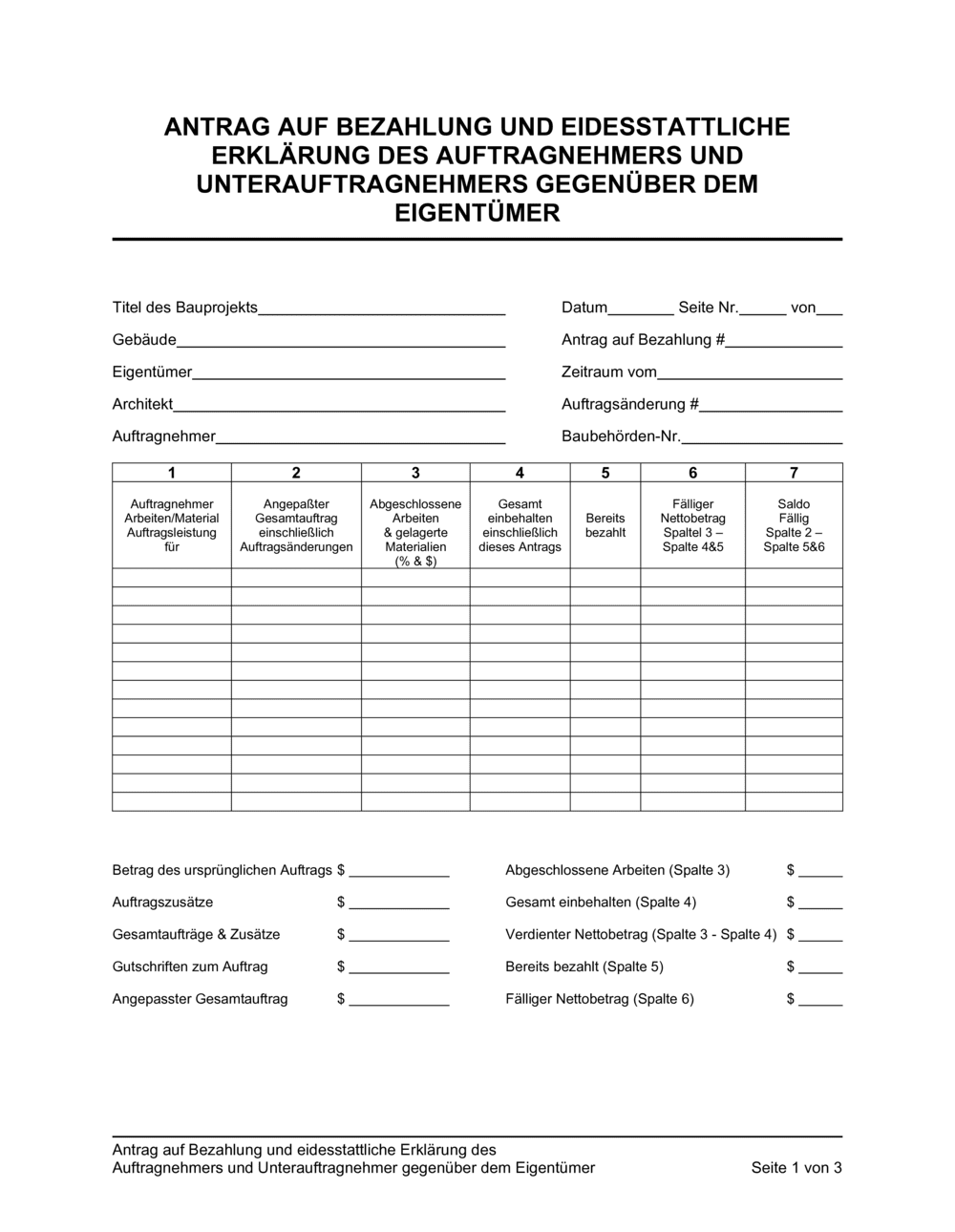 Business-in-a-Box's Antrag auf Bezahlung und eidesstattliche Erklärung des Auftragnehmers und Unterauftragnehmer gegenüber dem Eigentümer
