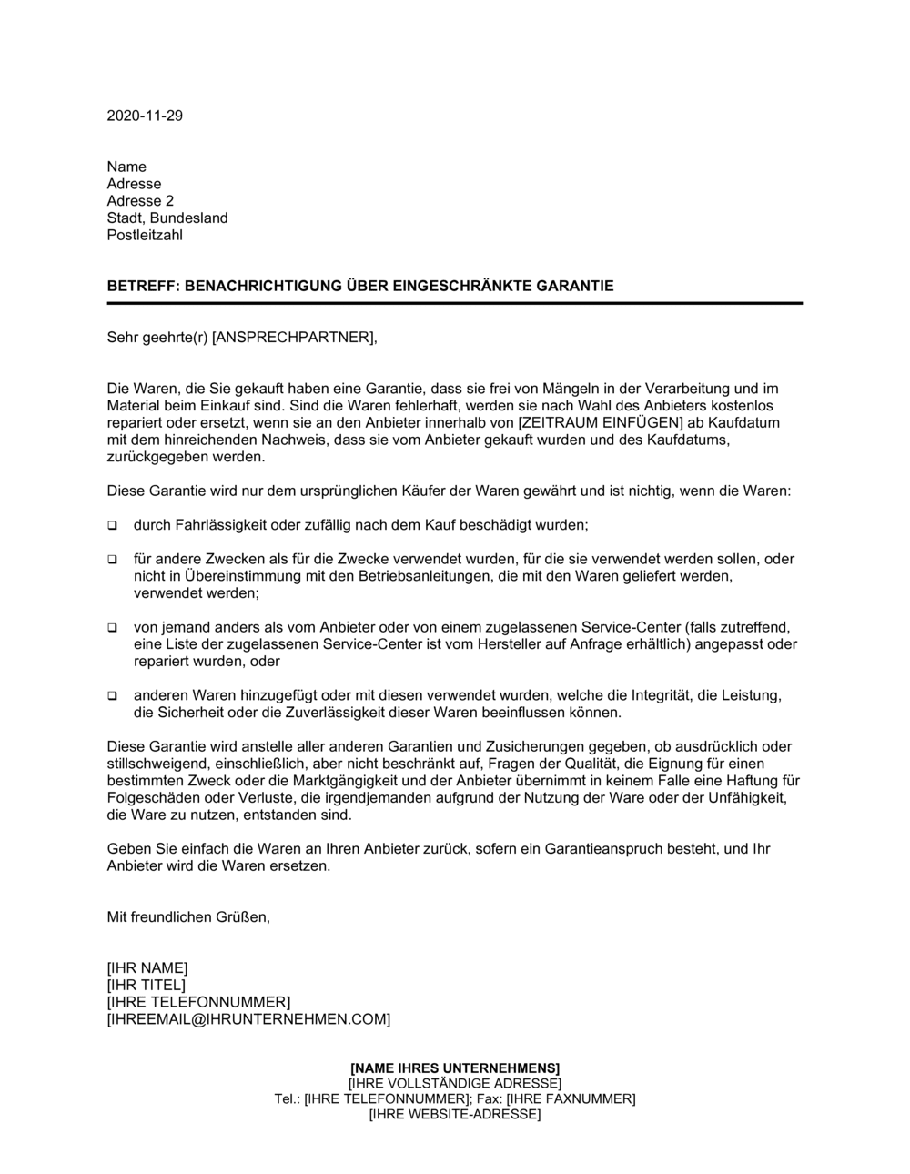 Business-in-a-Box's Antwort - Benachrichtigung über eingeschränkte Garantie