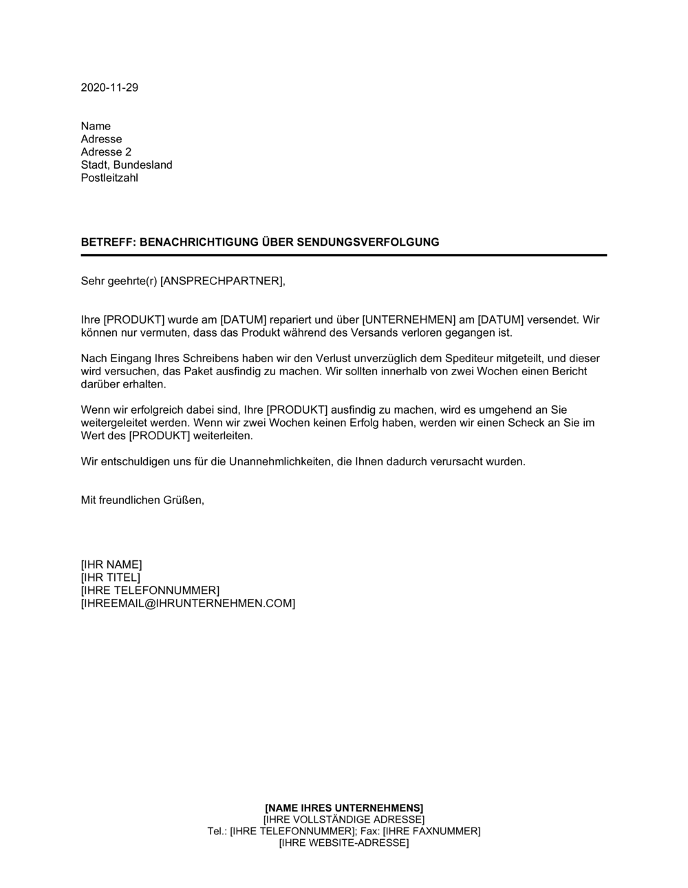 Business-in-a-Box's Antwort - Benachrichtigung über Sendungsverfolgung