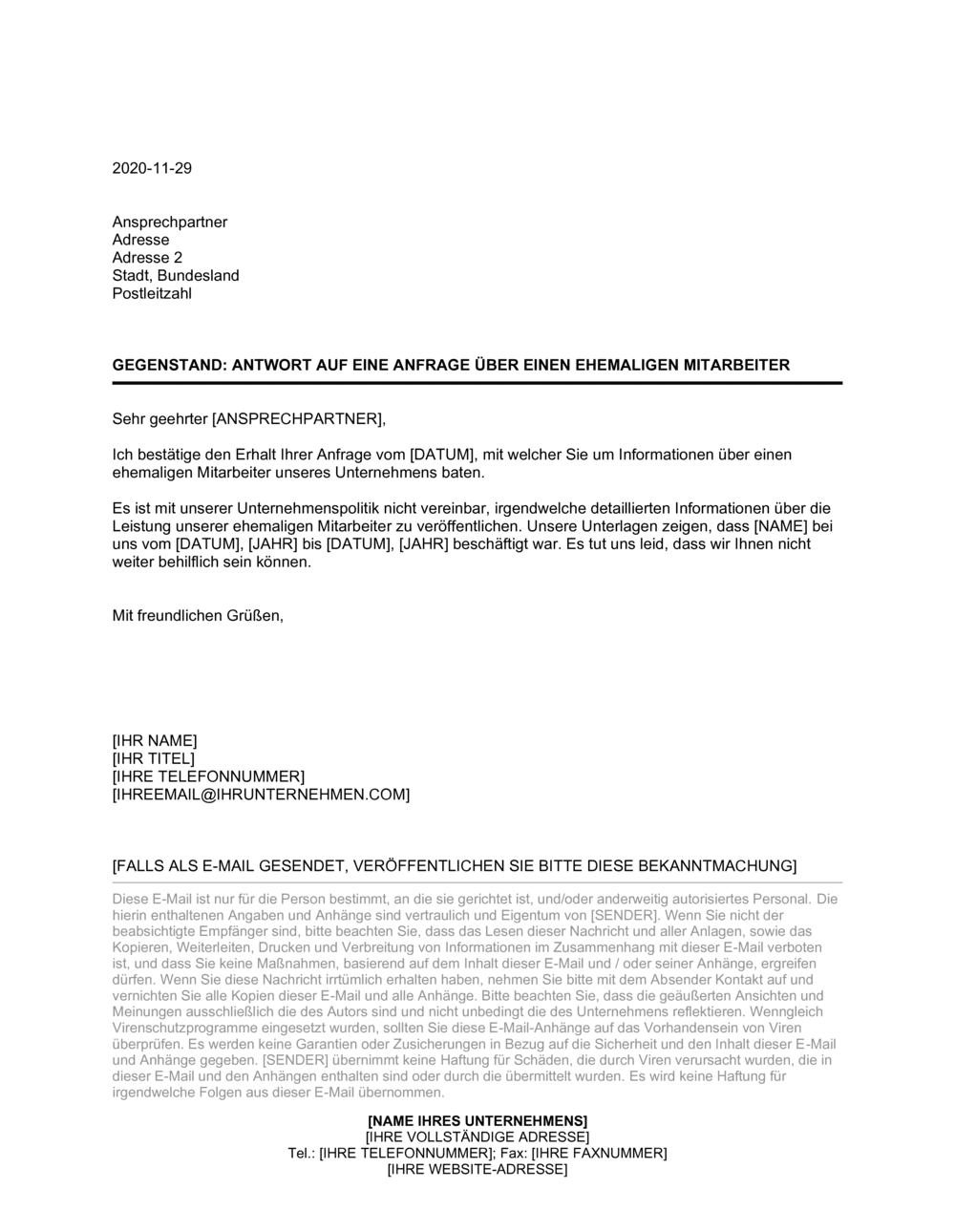 Business-in-a-Box's Antwort auf eine Anfrage über einen ehemaligen Mitarbeiter