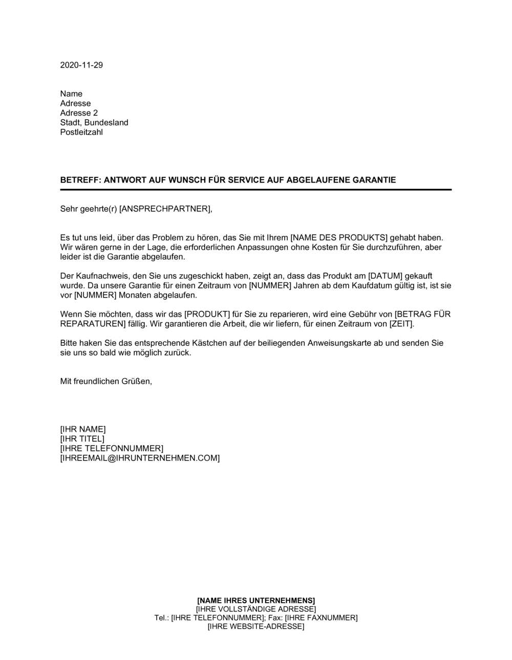 Business-in-a-Box's Antwort auf Wunsch auf Service für abgelaufene Garantie