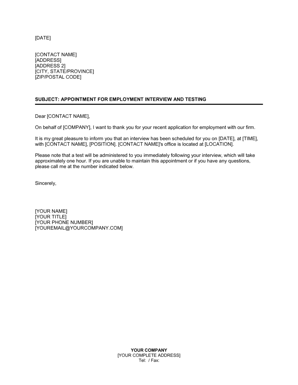 Business-in-a-Box's Appointment for Employment Interview and Testing Template