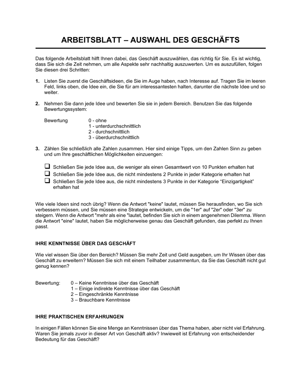 Business-in-a-Box's Arbeitsblatt - Auswahl des Geschäfts