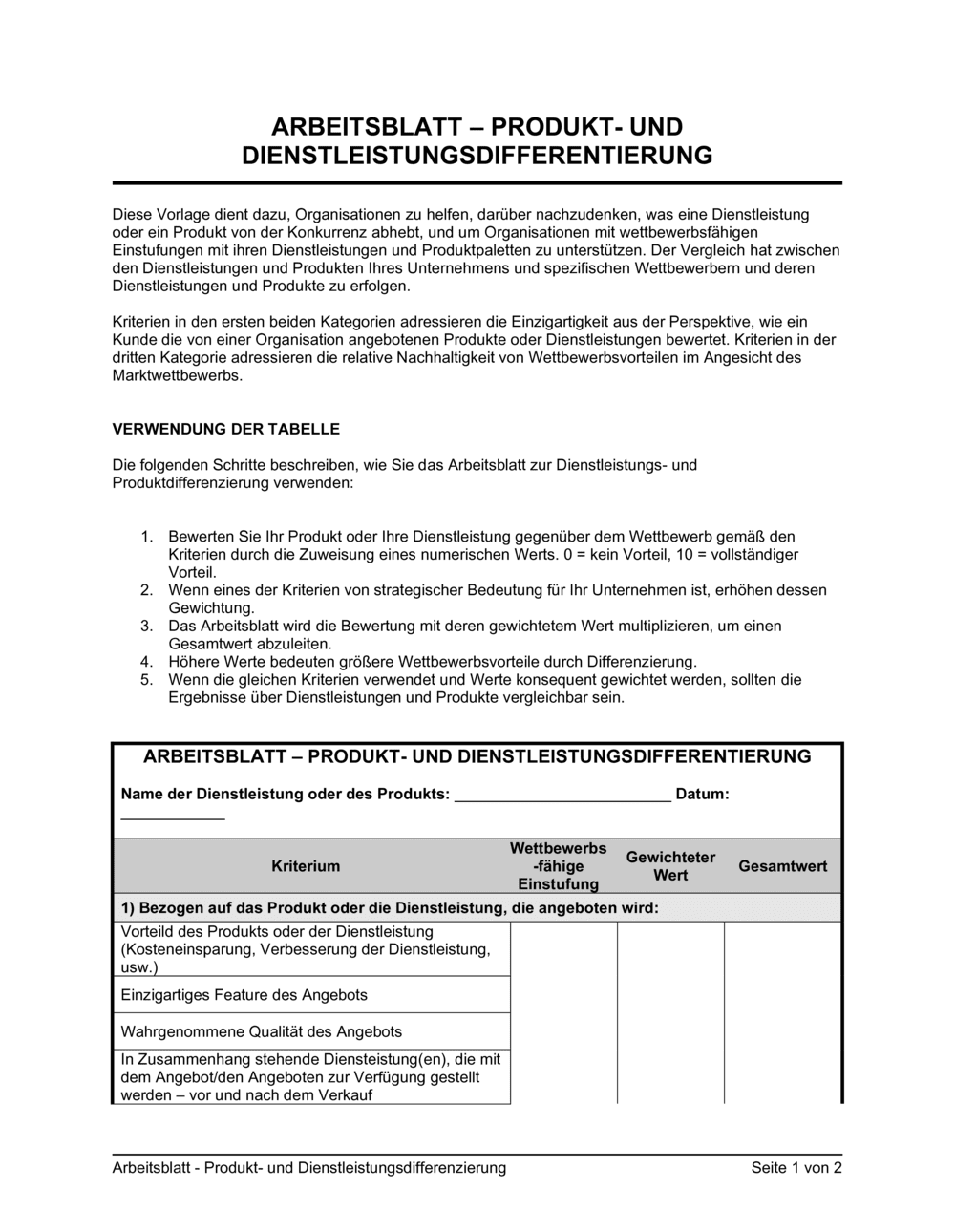 Business-in-a-Box's Arbeitsblatt - Produkt- und Dienstleistungsdifferenzierung
