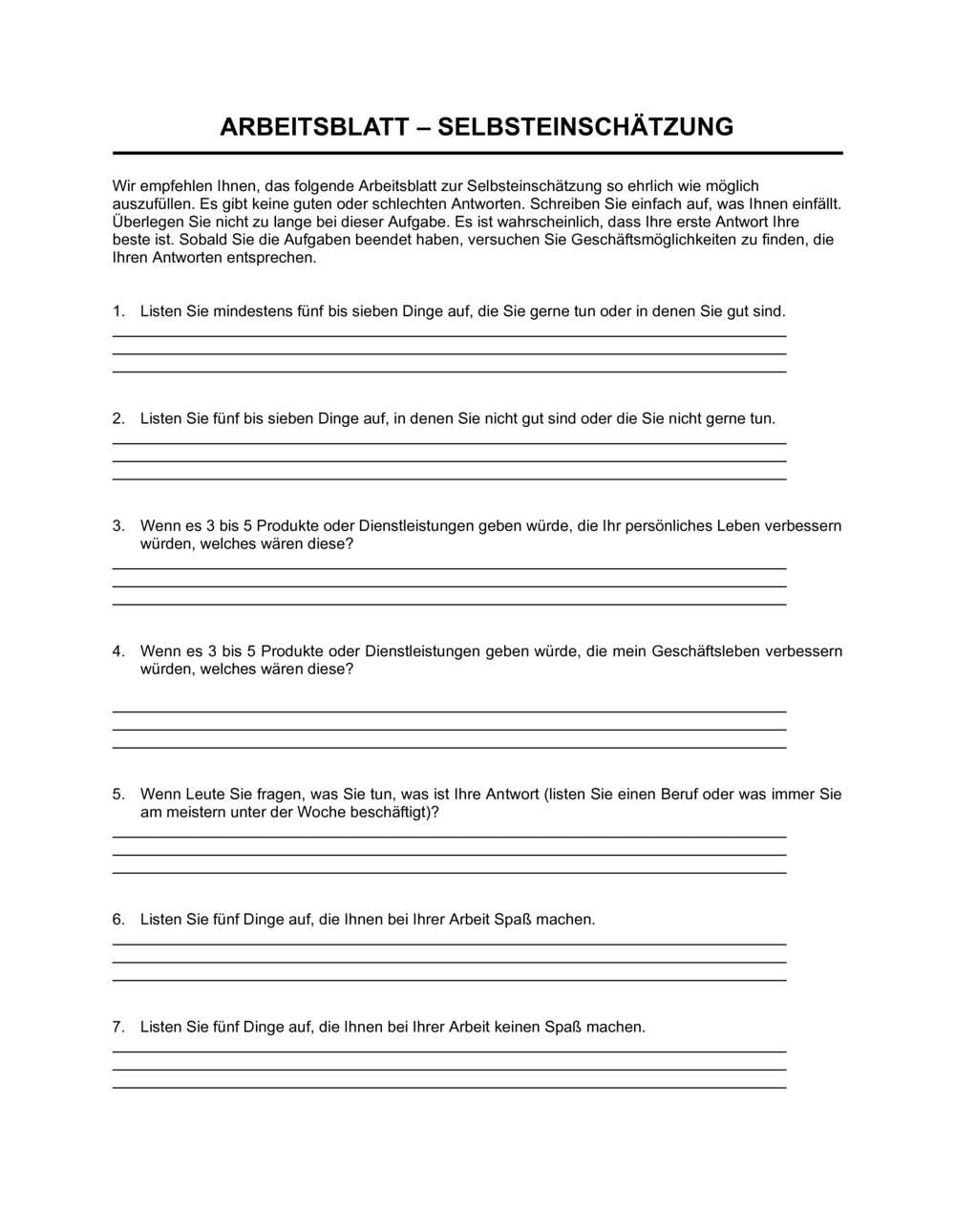 Business-in-a-Box's Arbeitsblatt - Selbsteinschätzung