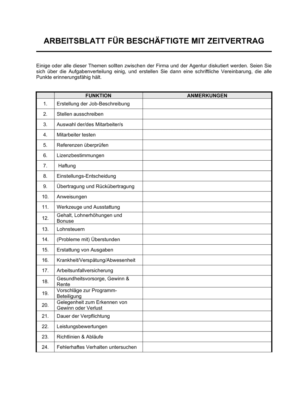 Business-in-a-Box's Arbeitsblatt für Beschäftigte mit Zeitvertrag