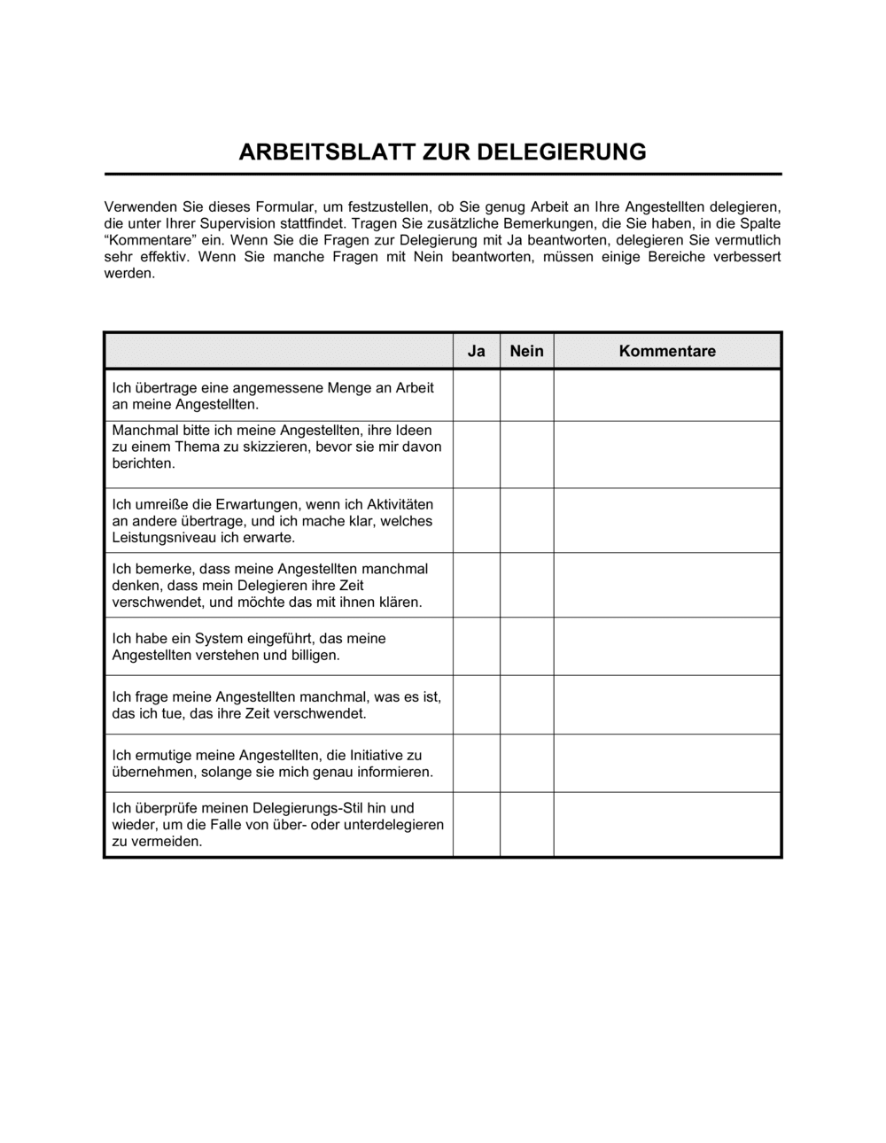 Business-in-a-Box's Arbeitsblatt zur Delegierung