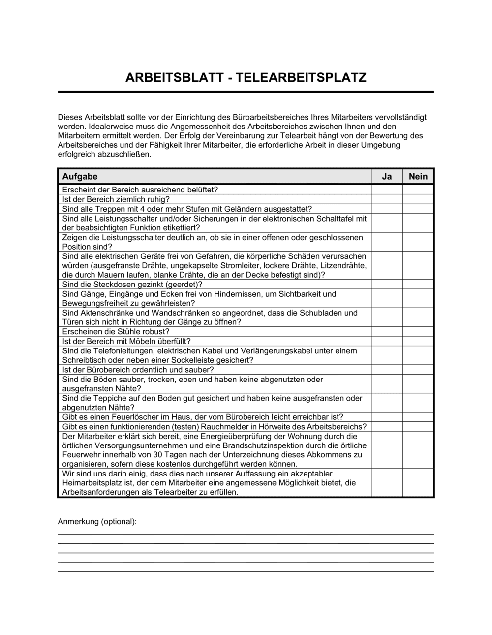 Business-in-a-Box's Arbeitsblatt Telearbeitsplatz