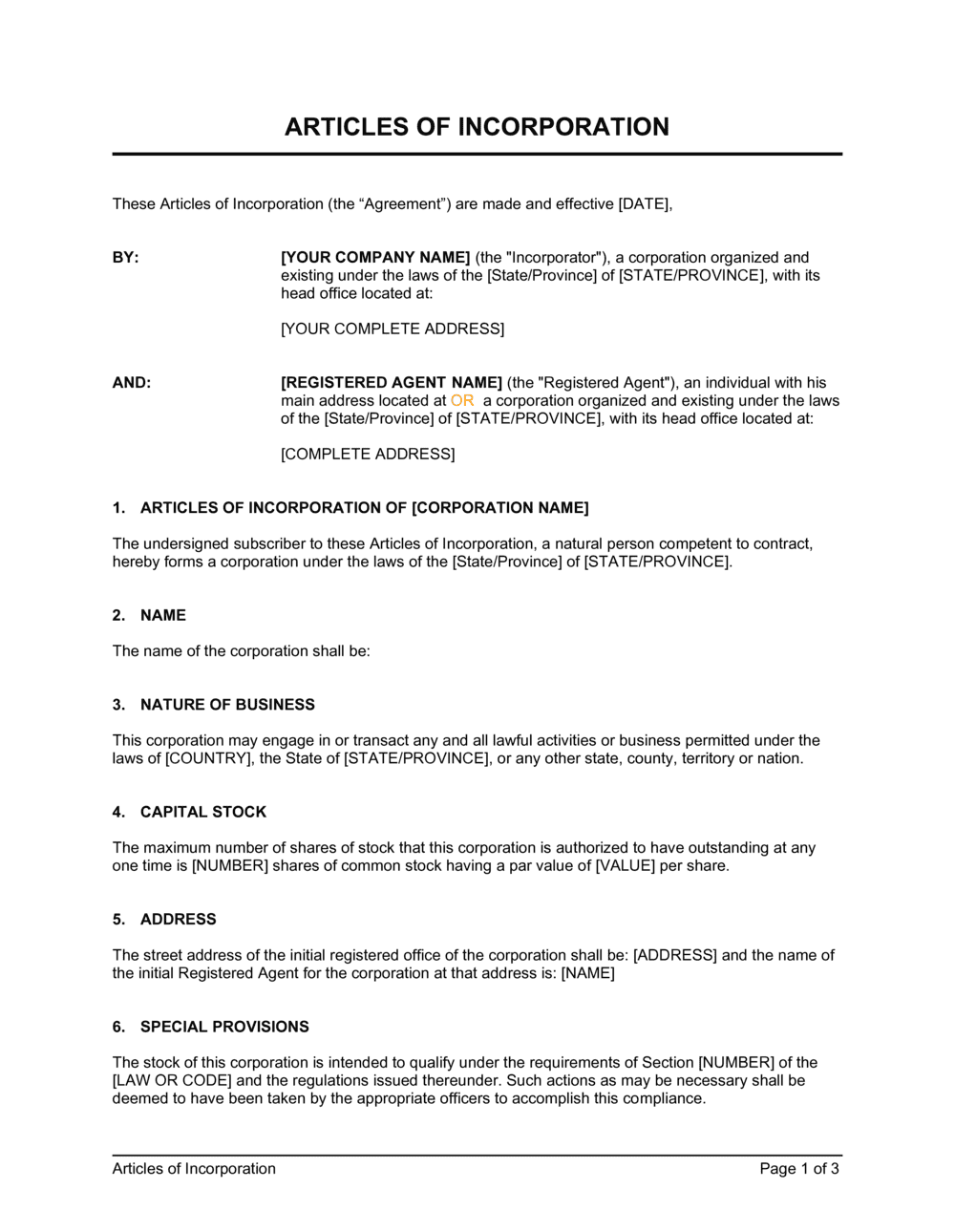 Articles Of Incorporation Articles Of Incorporation